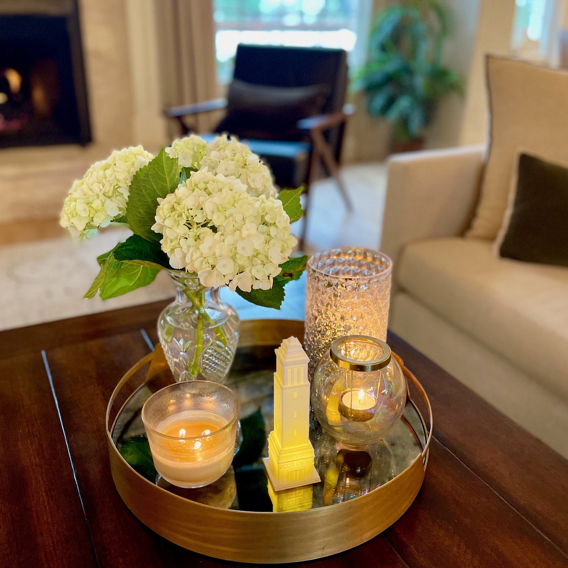 The University of Alabama college acceptance gift, shown on a tray in a living room.