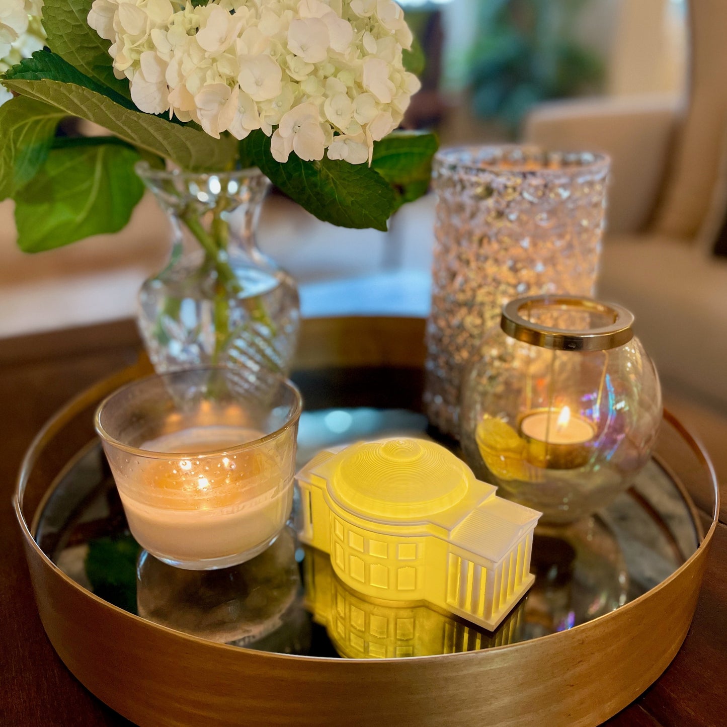 The University of Virginia home decoration, shown on a living room tray.