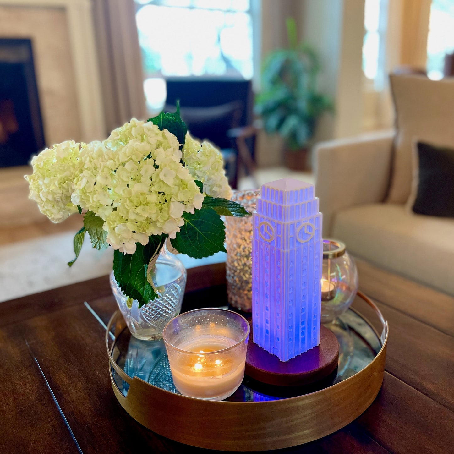 The University of Michigan college acceptance gift, shown in blue and displayed in a living room.