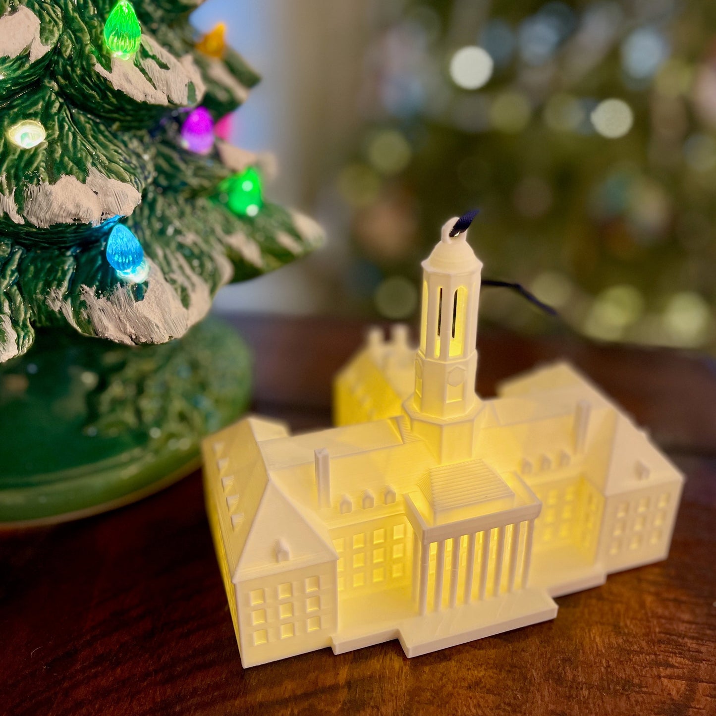 The lighted Penn State ornament, shown in a home decorated for the holidays.