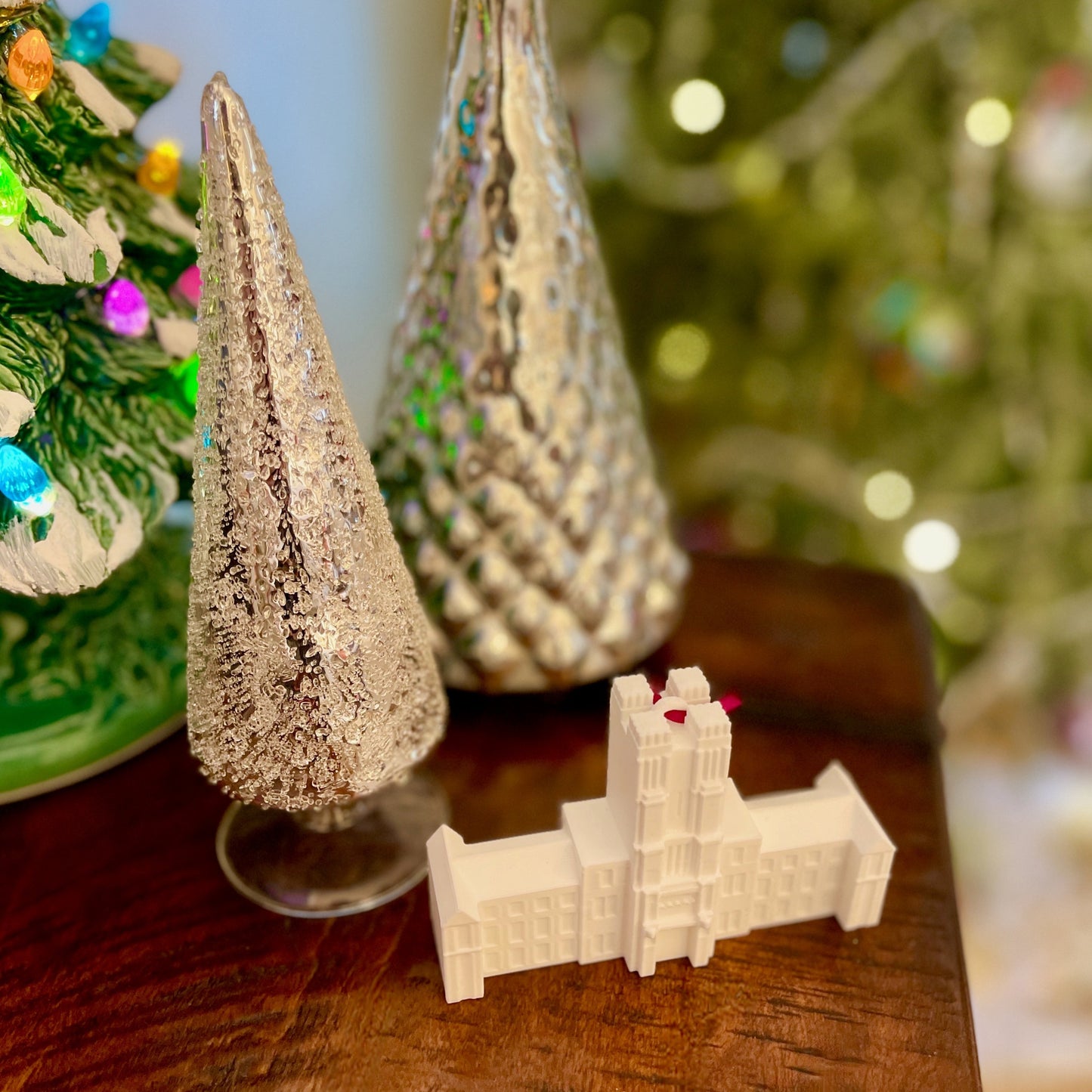 The Virginia Tech Christmas decoration, designed as a replica of Burruss Hall.