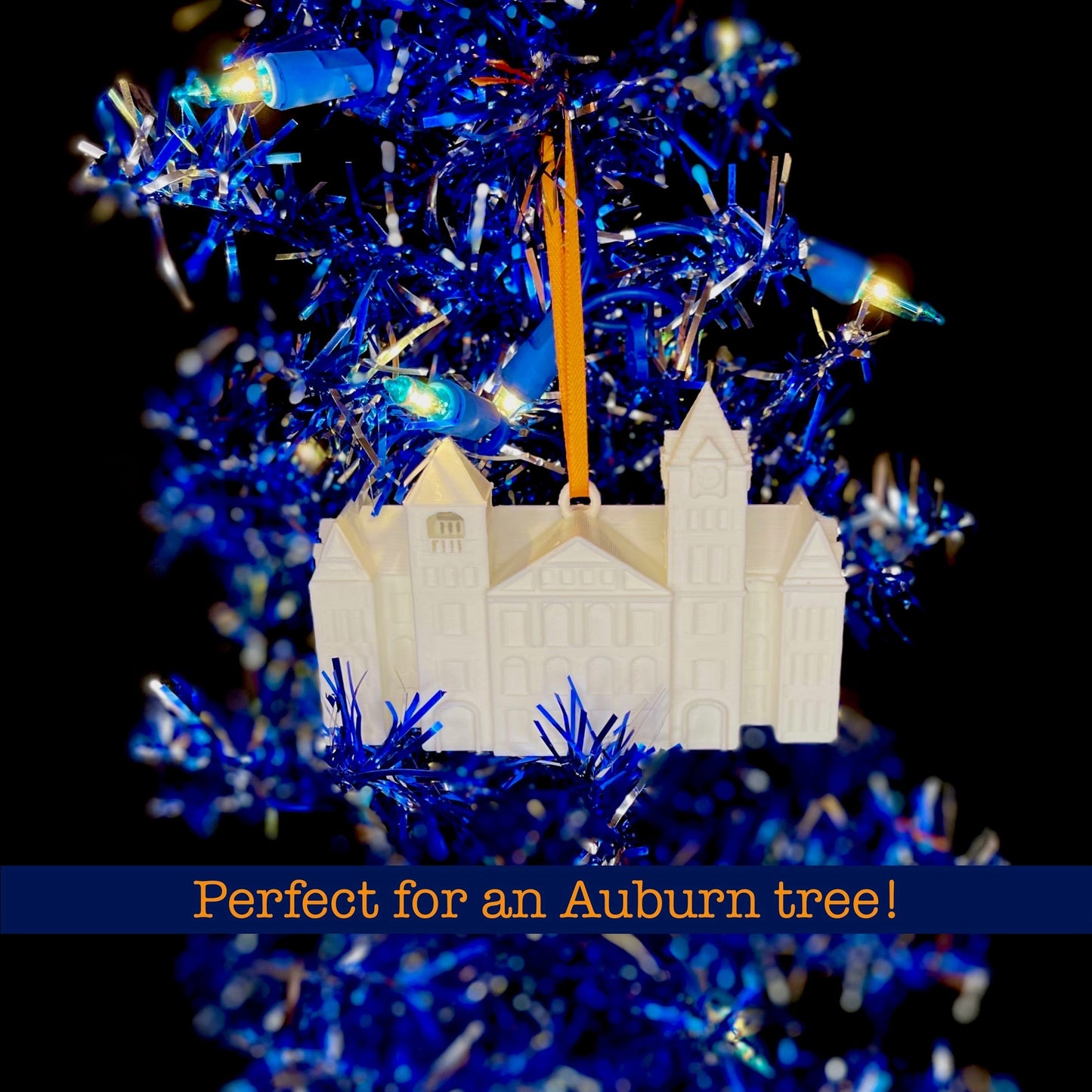 The Auburn ornament, shown on a blue Auburn tree.