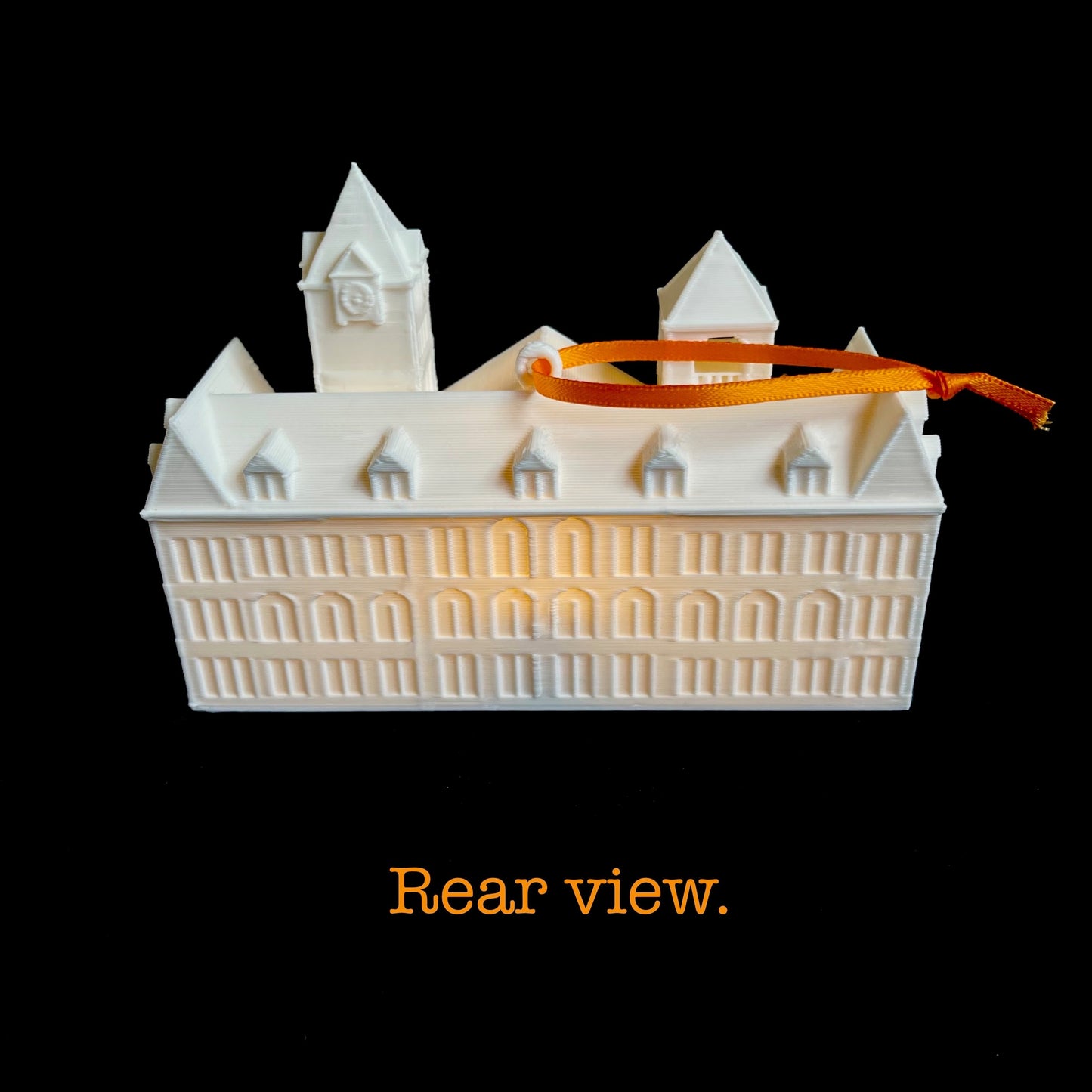 Rear view of the 3D printed and lighted Auburn ornament of Samford Hall.