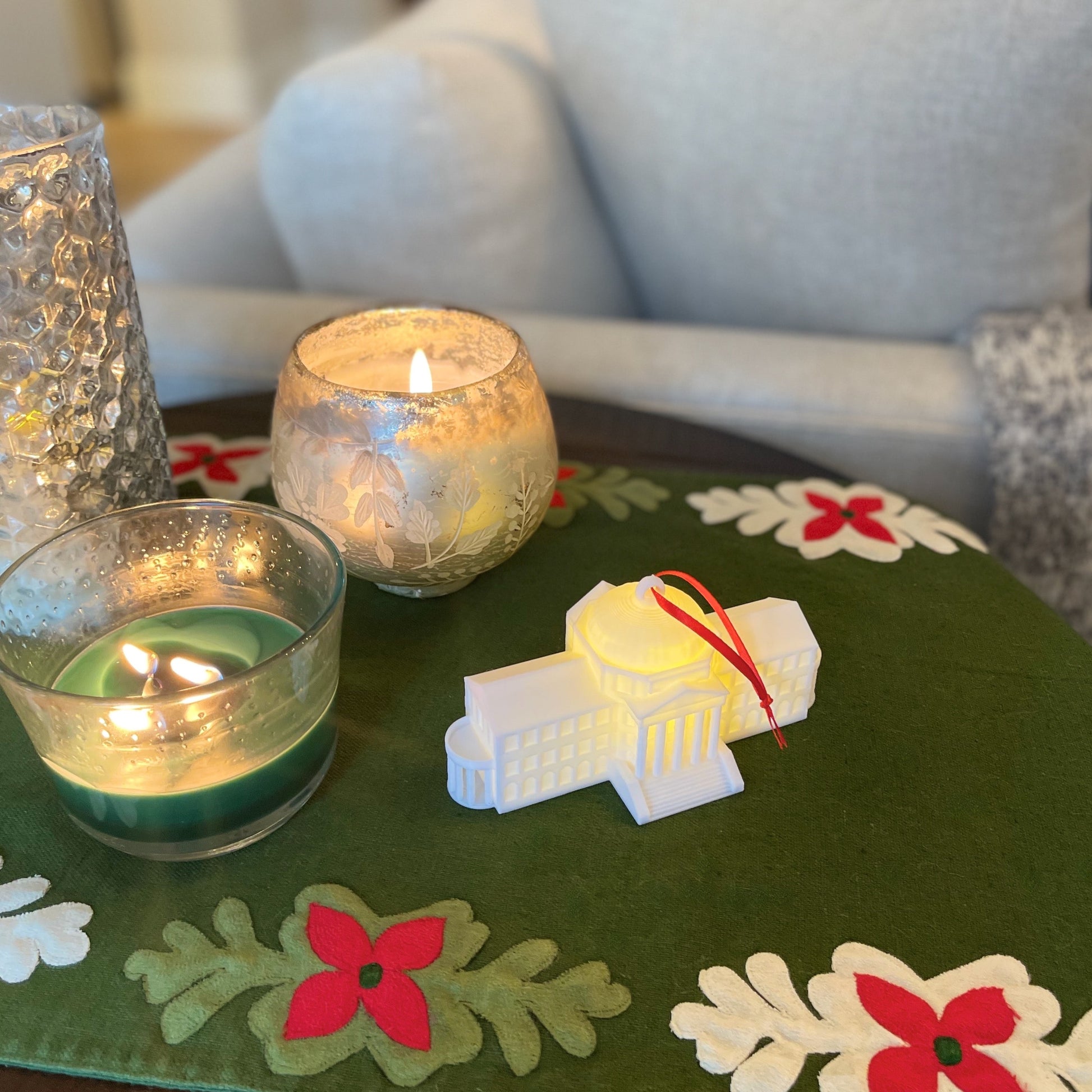 The lighted SMU ornament, shown in a home decorated for the Holidays.