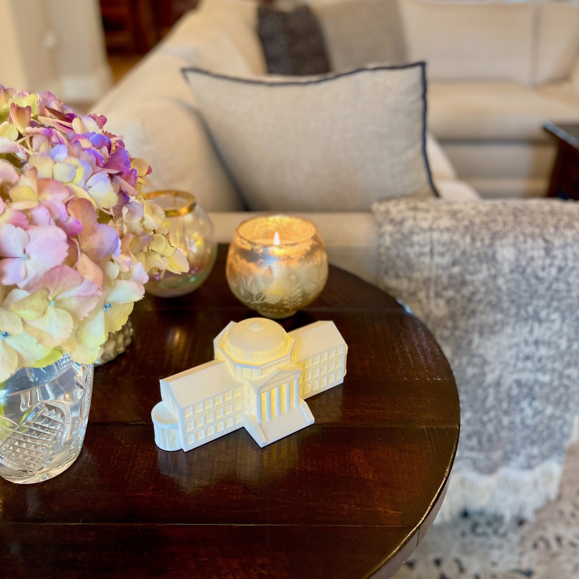 The SMU Dallas hall light, shown on a living room side table.