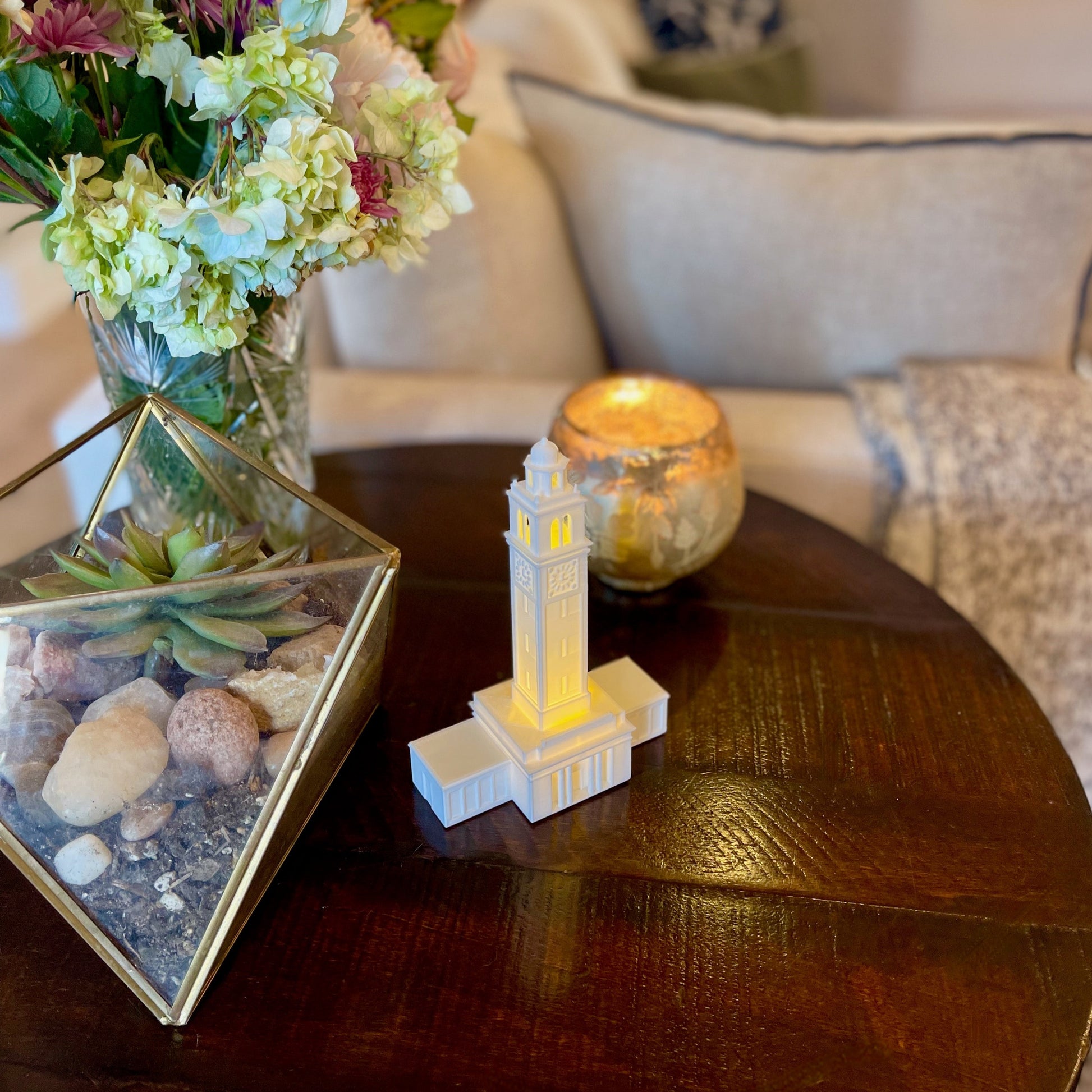 The LSU lighted figurine, shown on a side table.