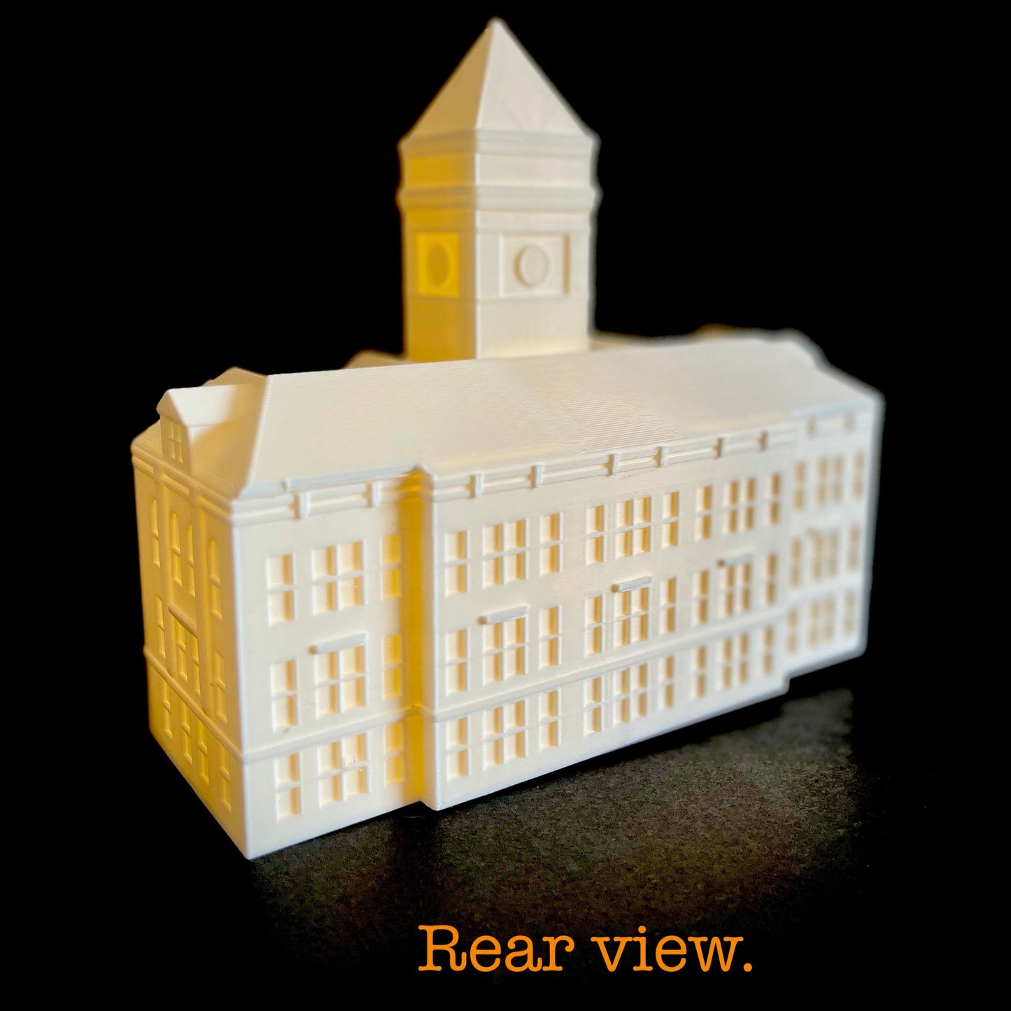 Rear view of the Clemson keepsake, designed in honor of Tillman Hall.