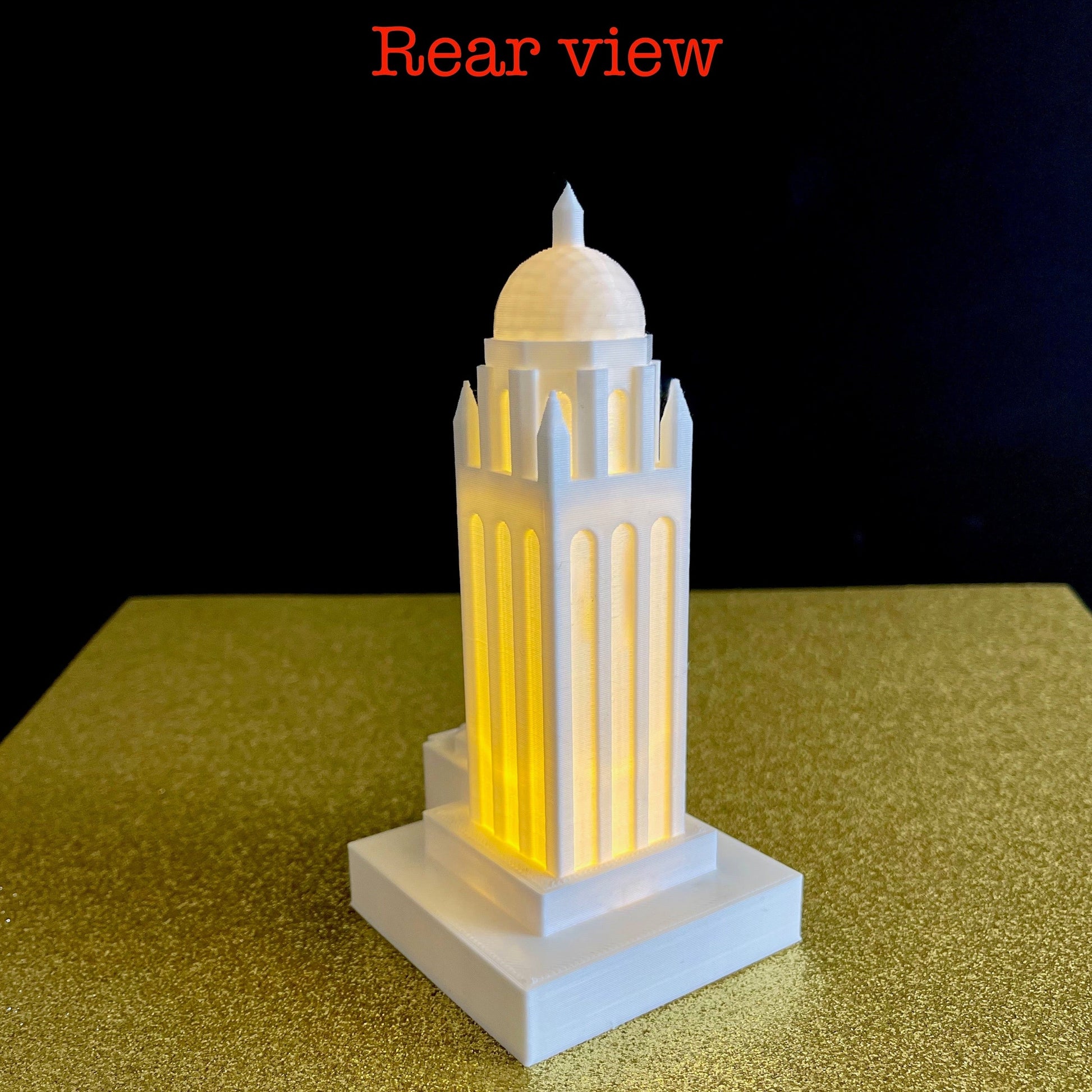 Rear view of the lighted Hoover Tower figurine from Stanford University.