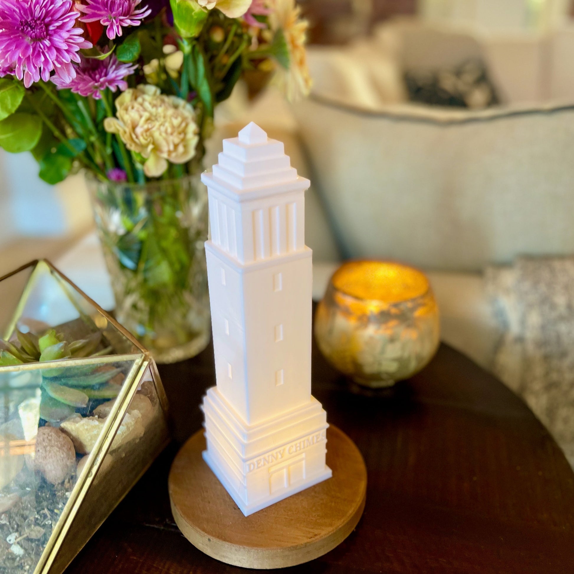 The University of Alabama Denny Chimes light, shown in use as home decor on a side table.