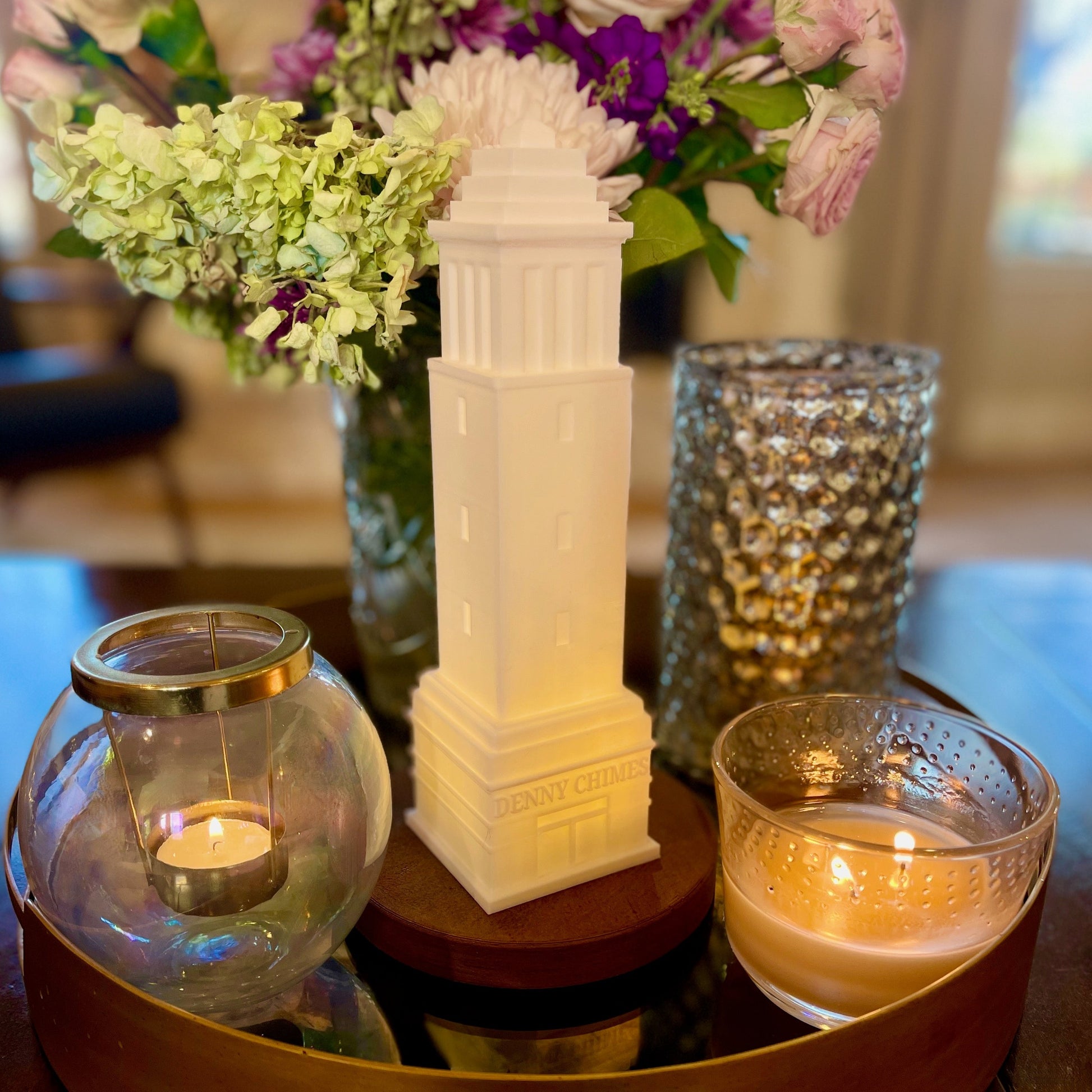 The University of Alabama light, shown on a living room tray.