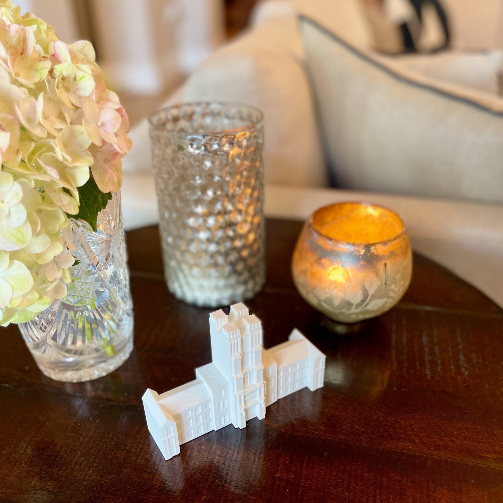 The Virginia Tech Hokies figurine, shown on a living room side table.