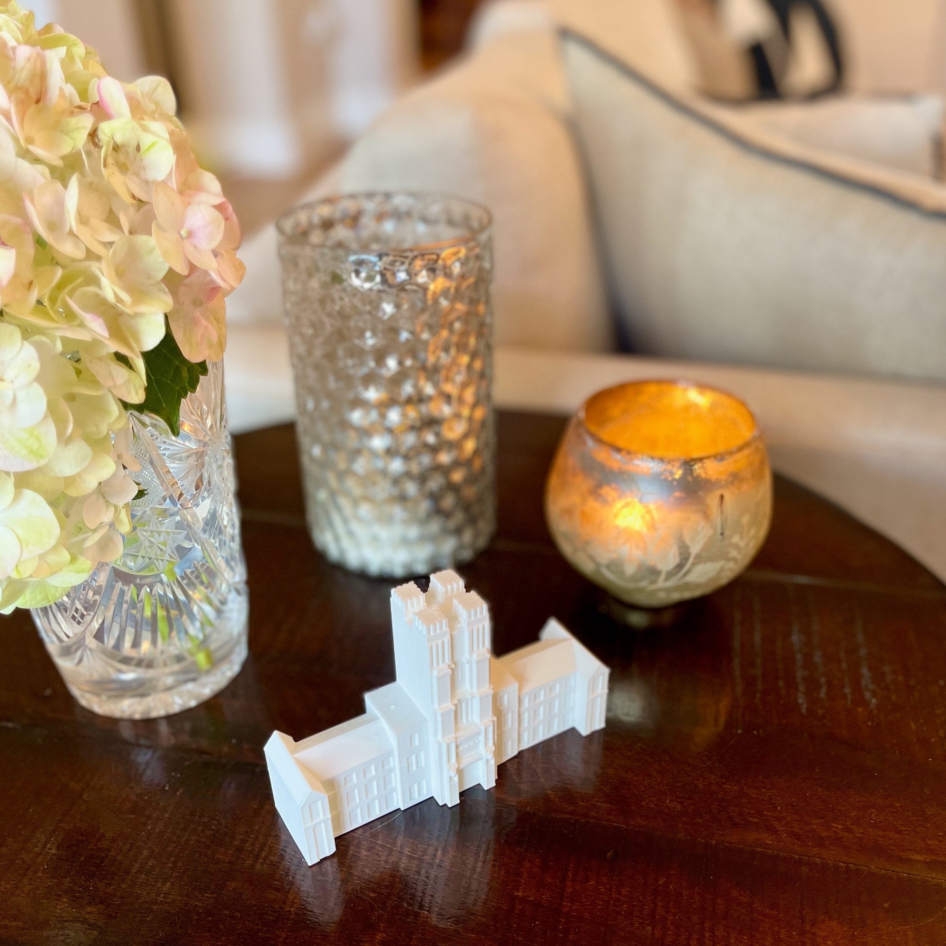 The Virginia Tech dorm decoration, shown on a side table.