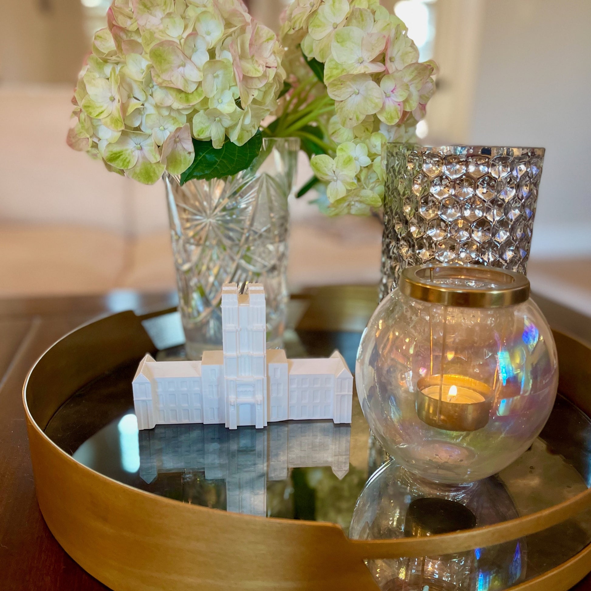 The Virginia Tech home decoration, shown on a living room tray.