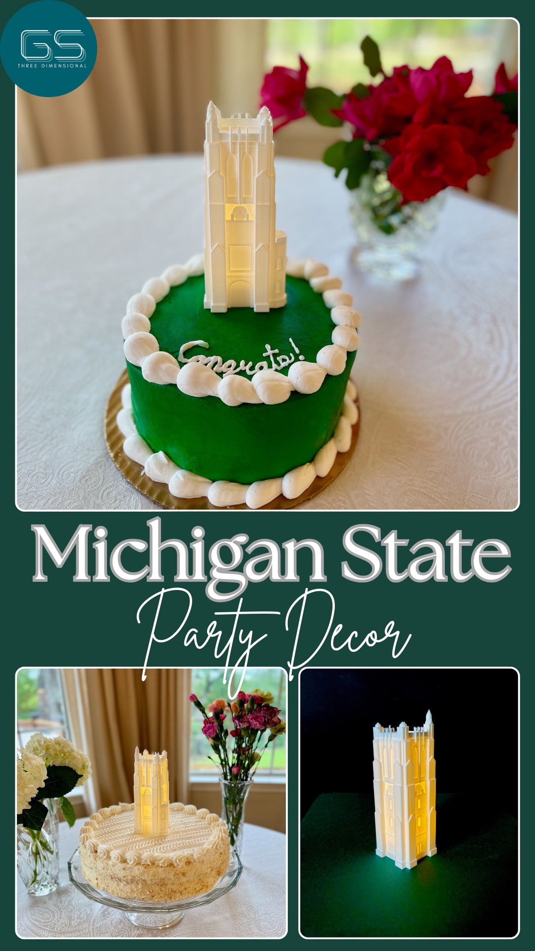 Michigan State Party Decor with an LED light and designed as the Beaumont Tower.