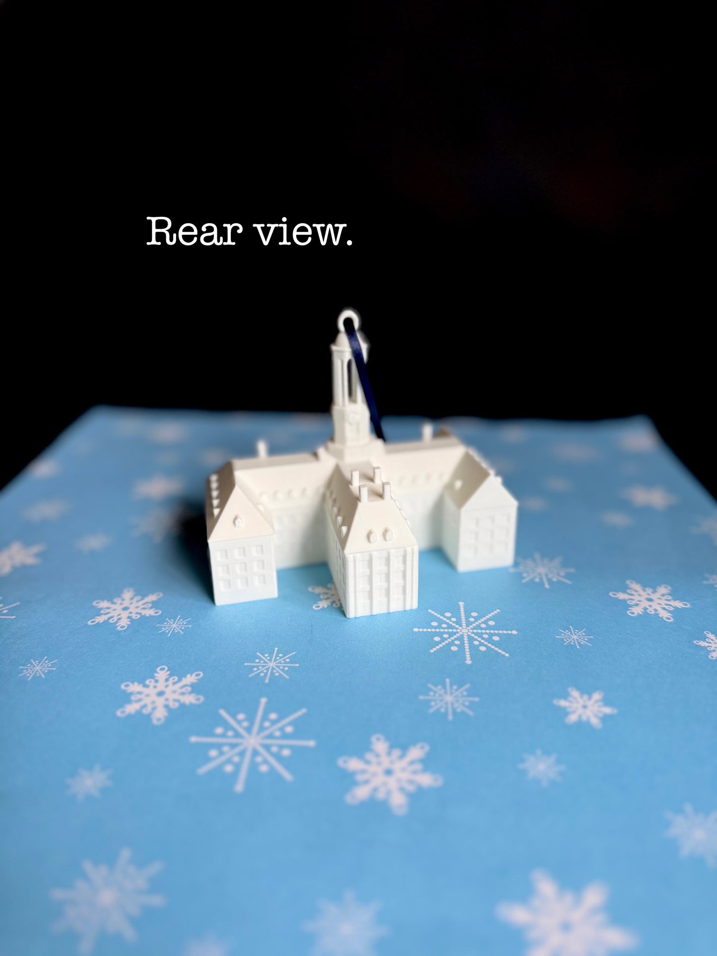The Penn State Old Main ornament shown from a rear view.