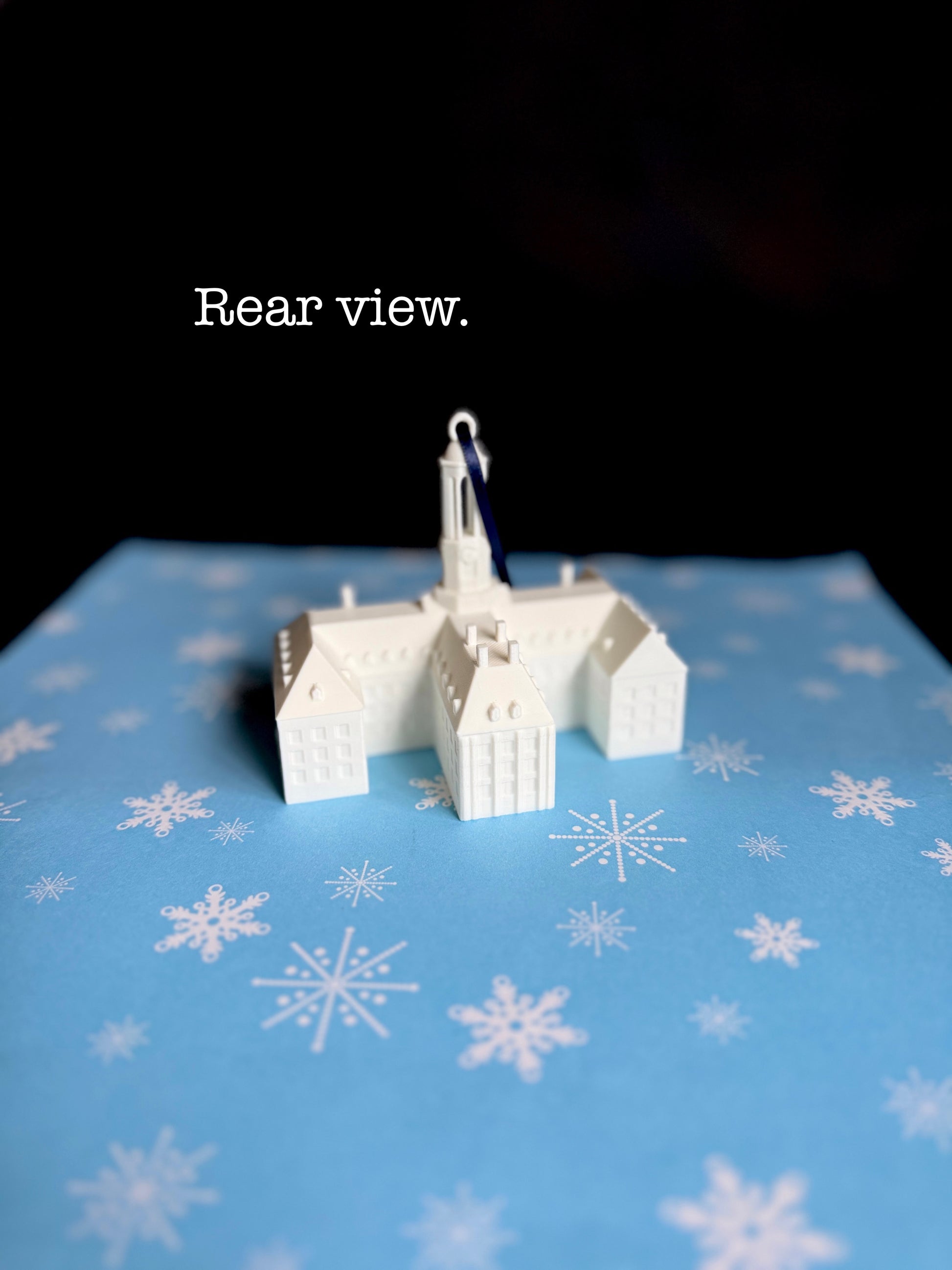 The Penn State Old Main ornament shown from a rear view.