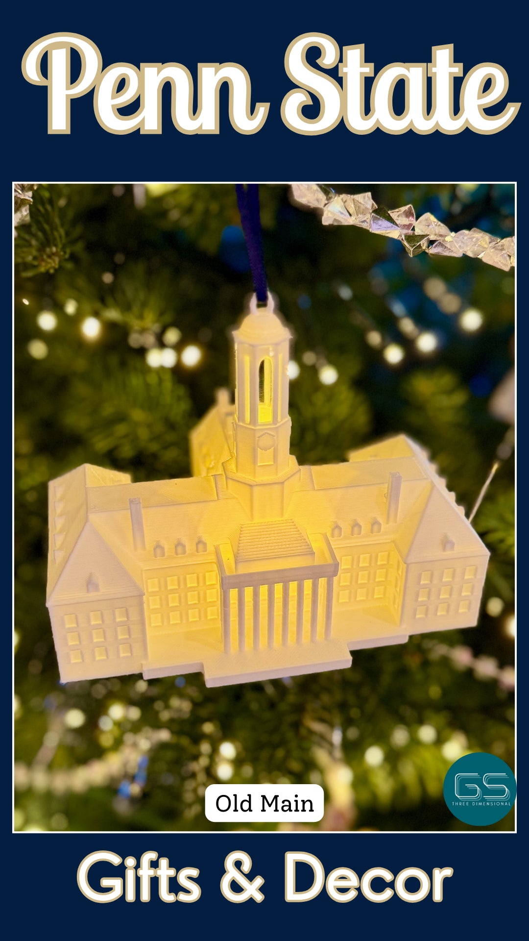 Penn State Old Main ornament, shown on a Christmas tree decorated for a Nittany Lions fan.