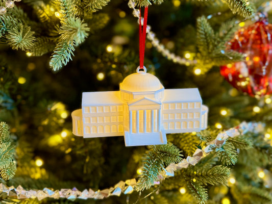 The SMU Dallas Hall ornament shown on an SMU Christmas tree.