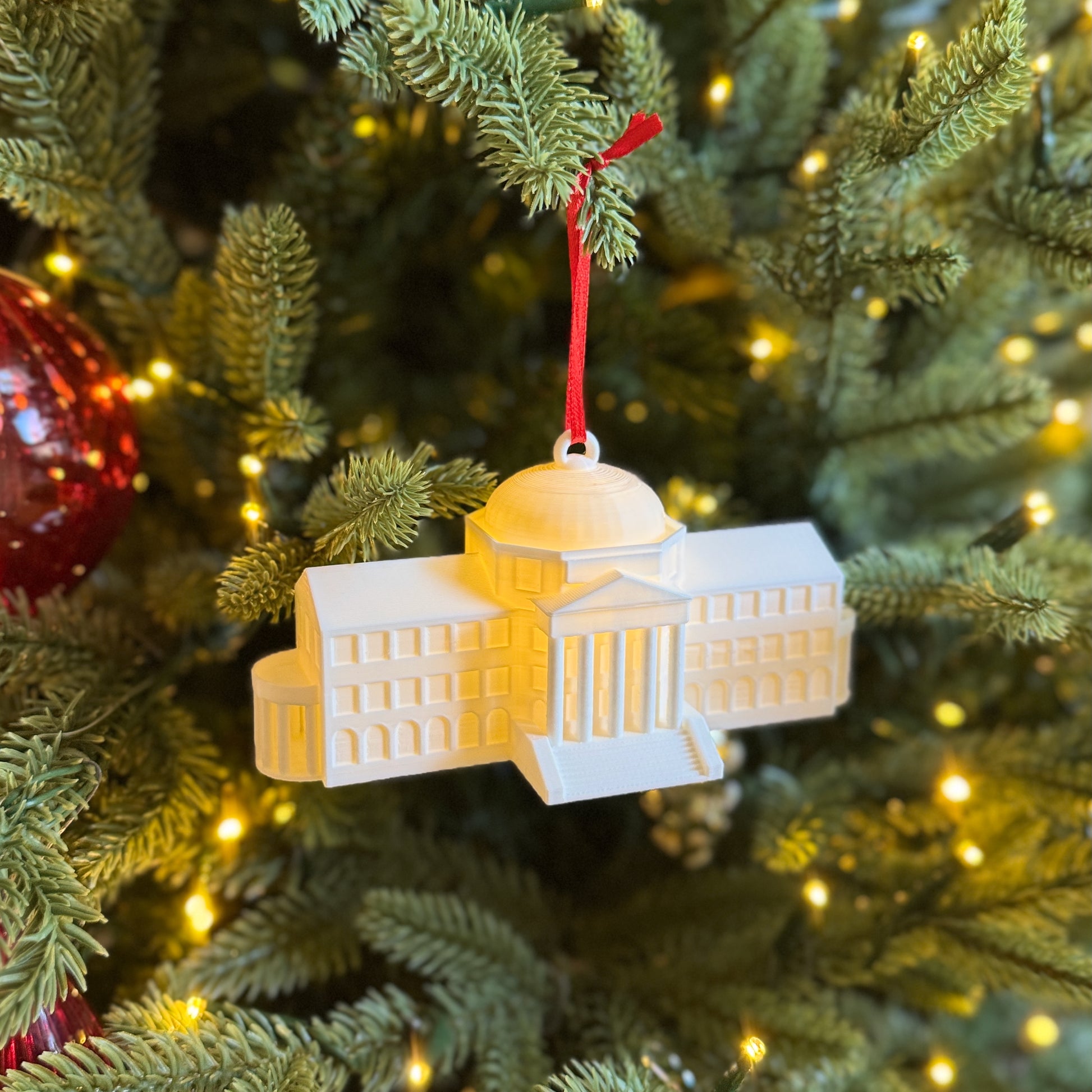 The lighted SMU ornament featuring Dallas Hall.