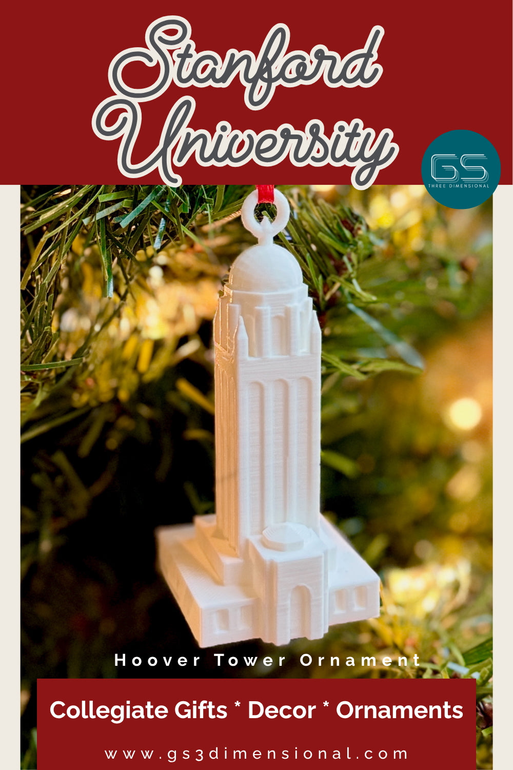 Stanford University Hoover Tower ornament on a Christmas tree with promotional text.