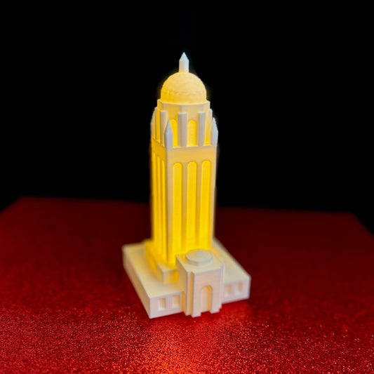 The Stanford University figurine with a light, designed in honor of the Hoover Tower.