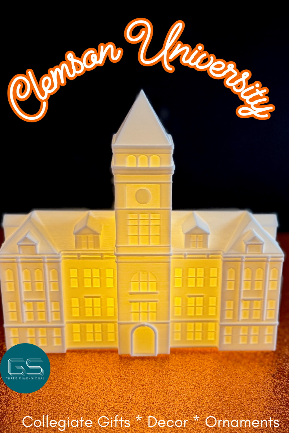 A Clemson University figurine with an LED light, representing Tillman Hall.