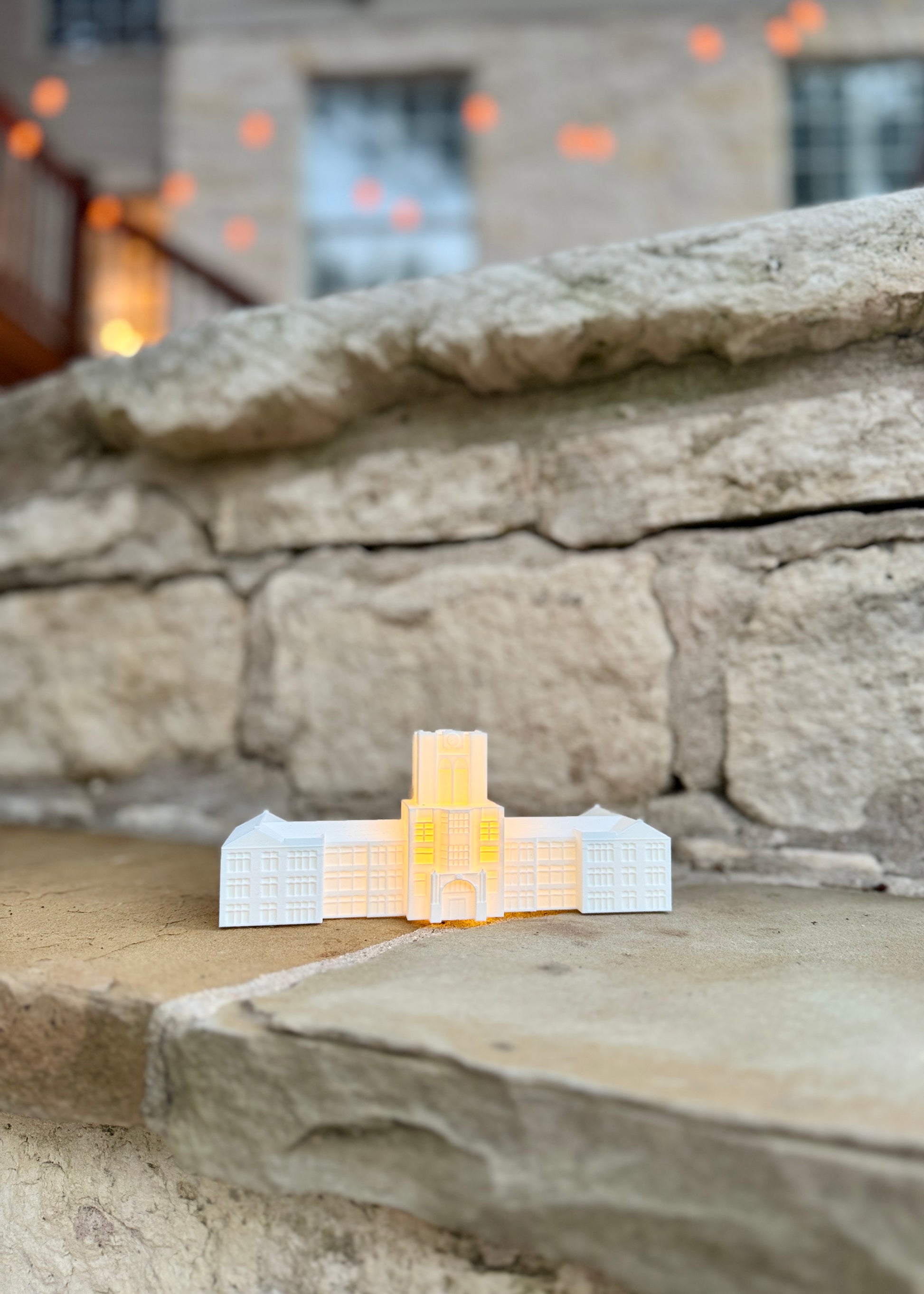 Tennessee Volunteers Party Decor designed as LED lighted figurines of Ayres Hall and shown at a party.