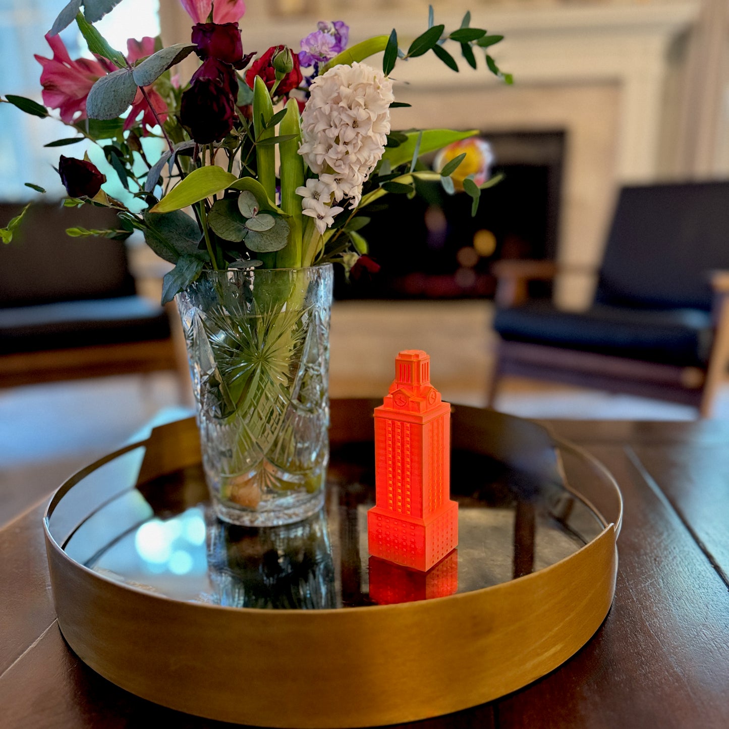 The UT Tower light, used as Texas Longhorns Decor and shown on a living room tray.