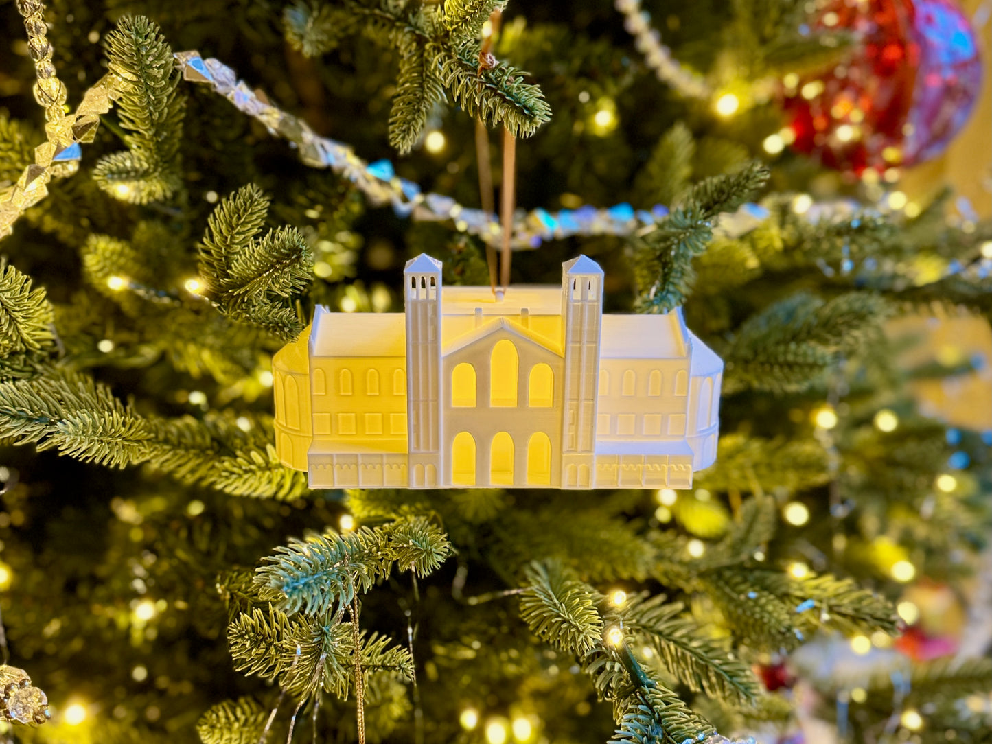3D printed UCLA Royce Hall ornament with LED lights