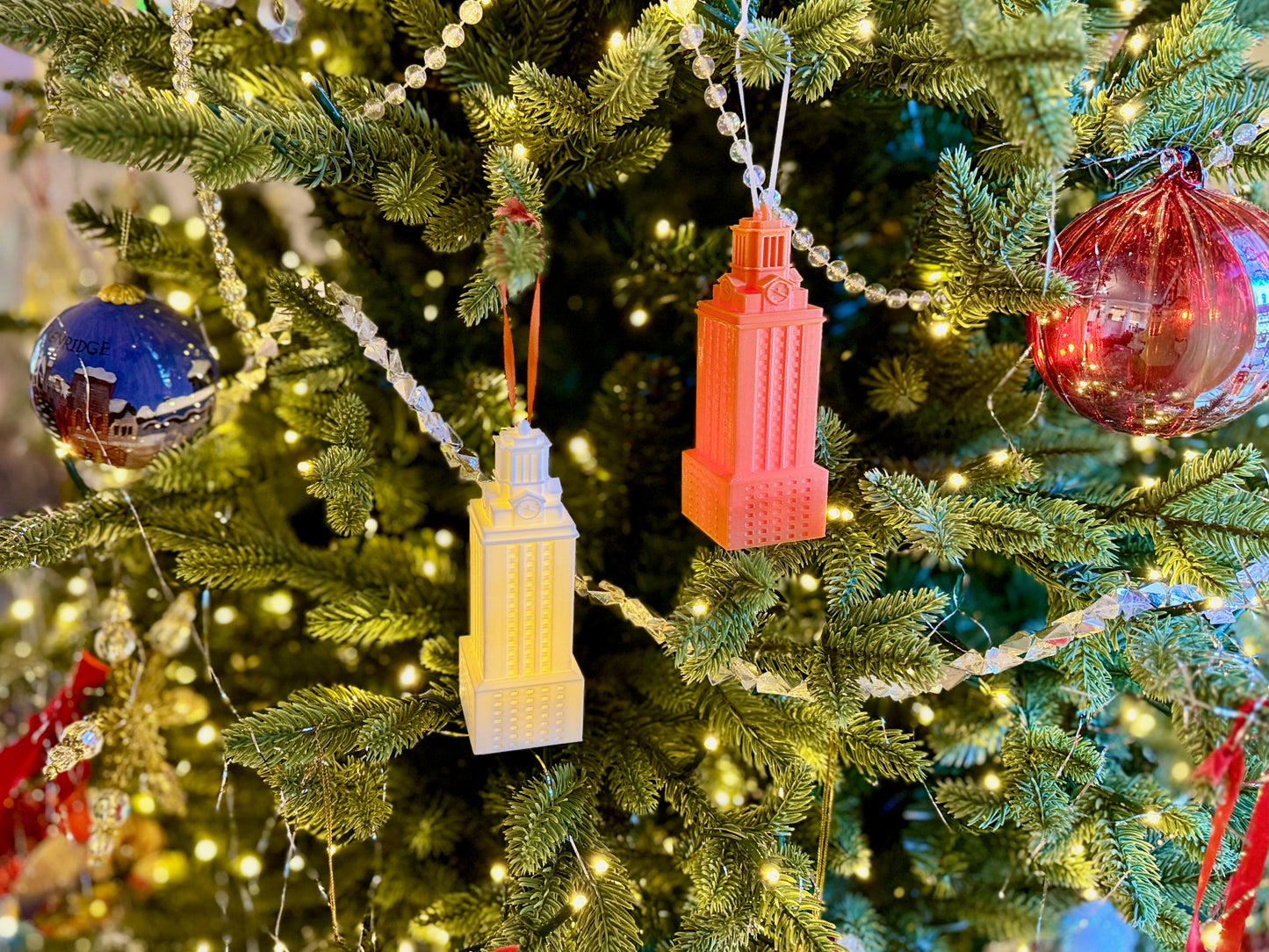 UT Tower ornaments shown on a Christmas.