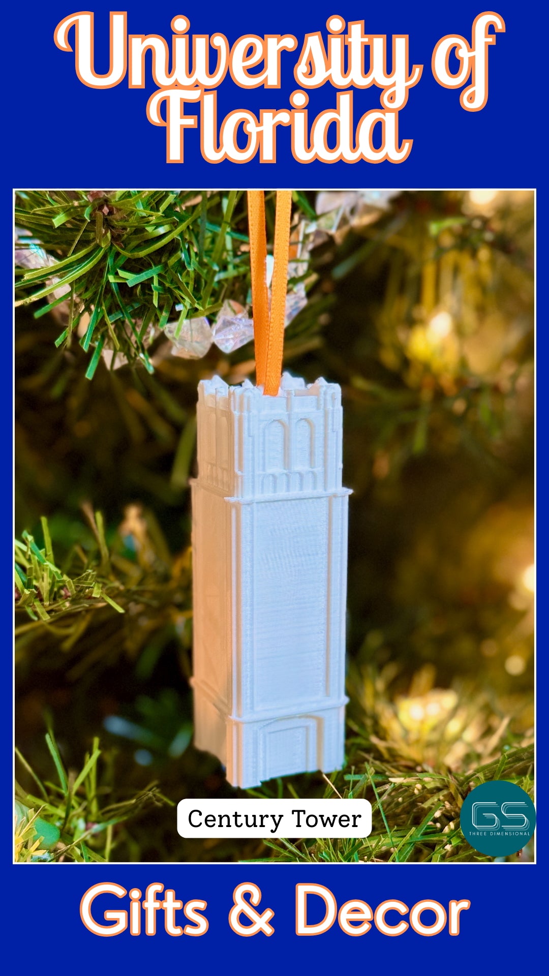 University of Florida Century Tower ornament shown on a UF Christmas tree.