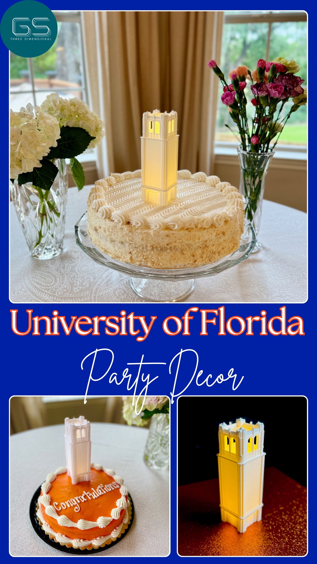 University of Florida party decorations, a 3d printed and LED lighted figurine of the UF Century Tower, used as a college cake topper on a graduation cake and a groom's cake, and also as a figurine.