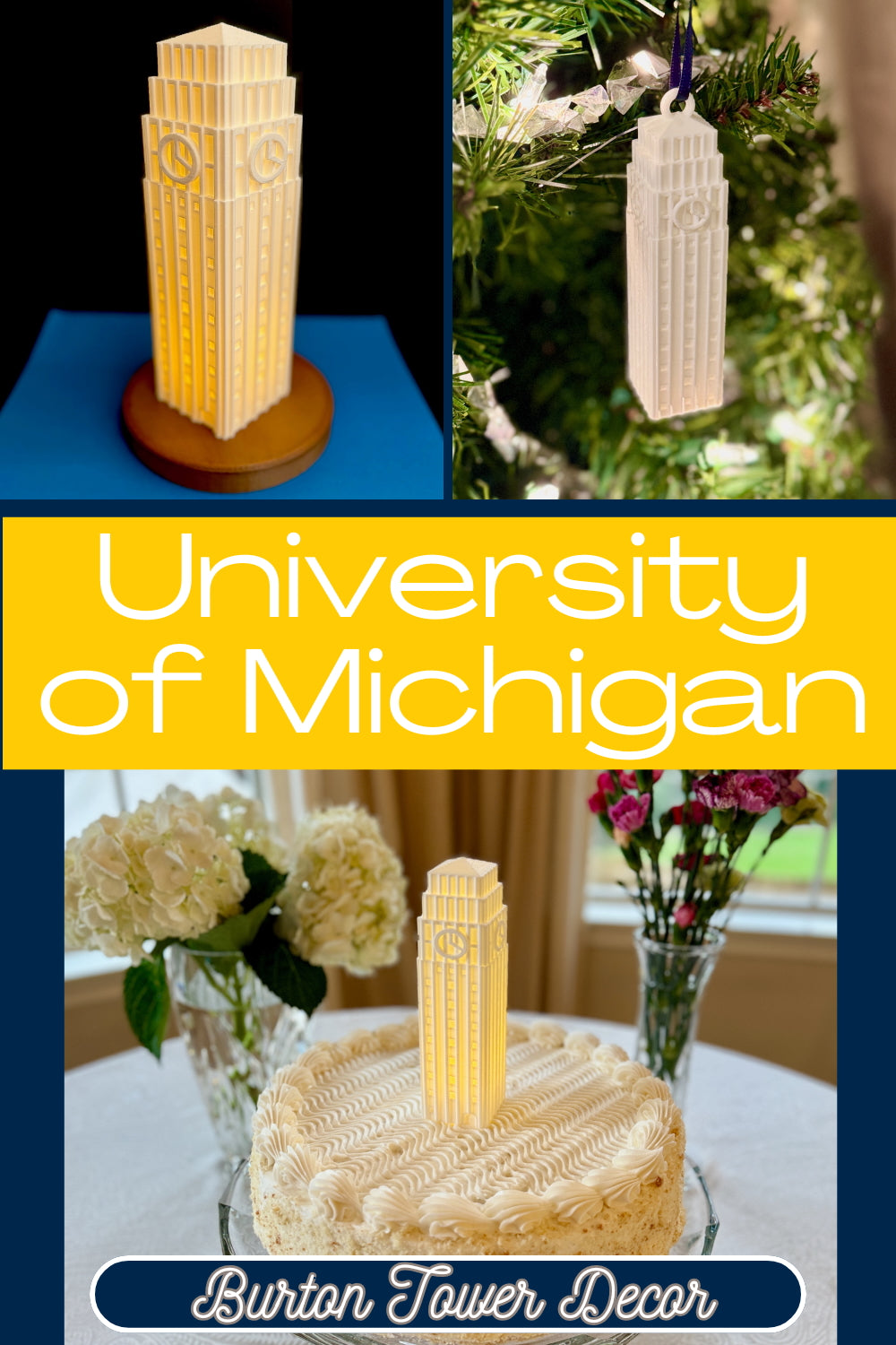 Collage of Burton Tower decor from University of Michigan, including a lamp, ornament, and cake.