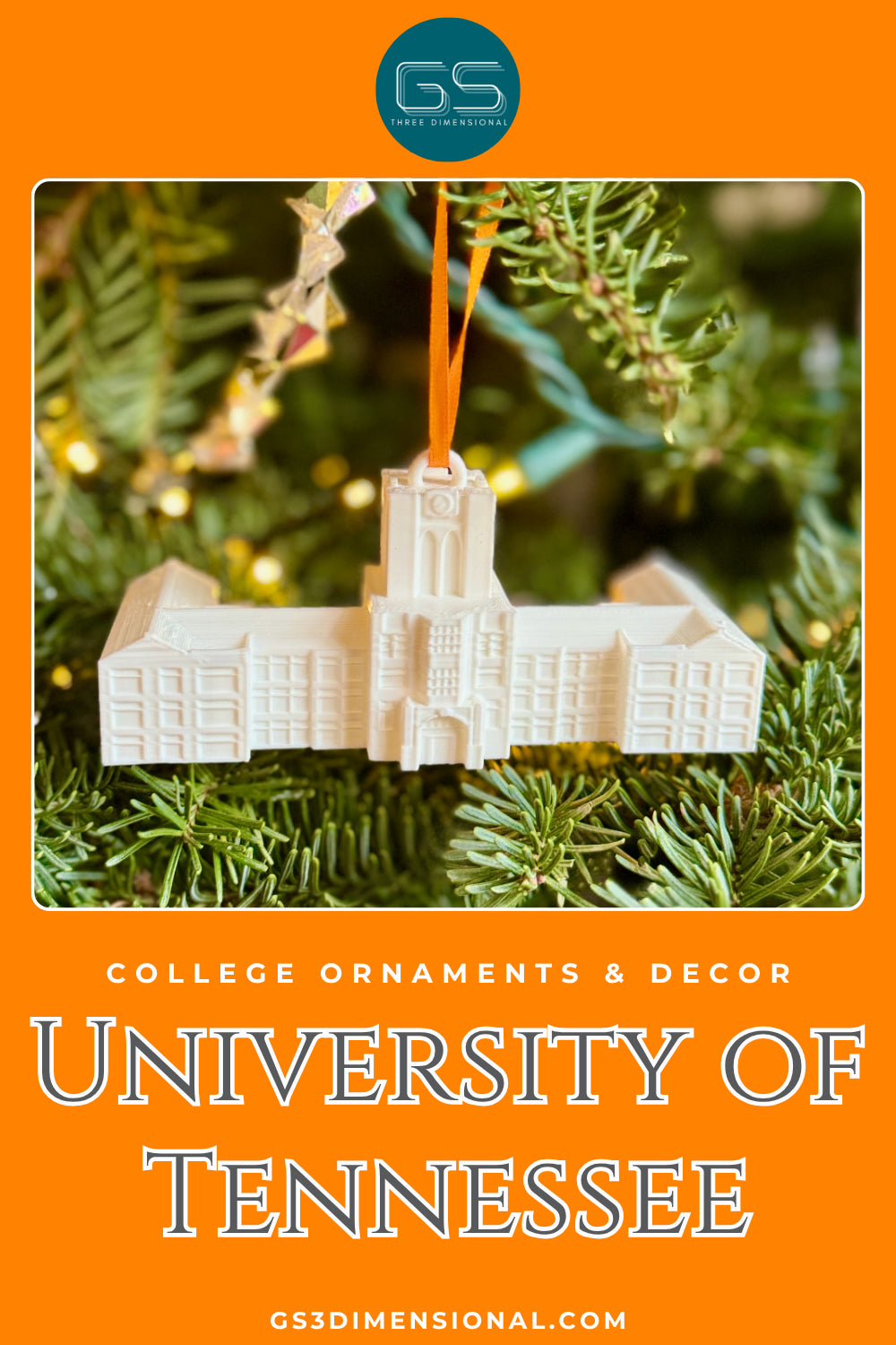 University of Tennessee ornaments shown on a Christmas tree and designed as Ayres Hall in Knoxville.