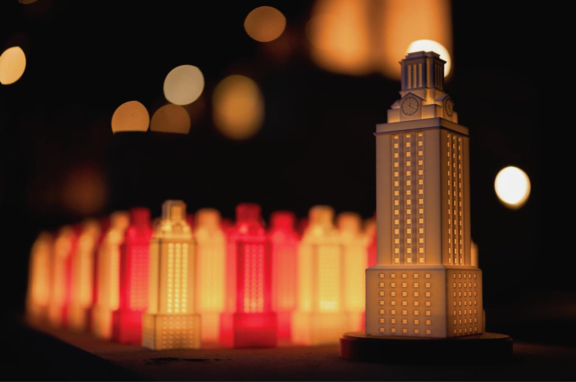 Detailed University of Texas UT Tower figurine featuring a warm LED light inside the tower.