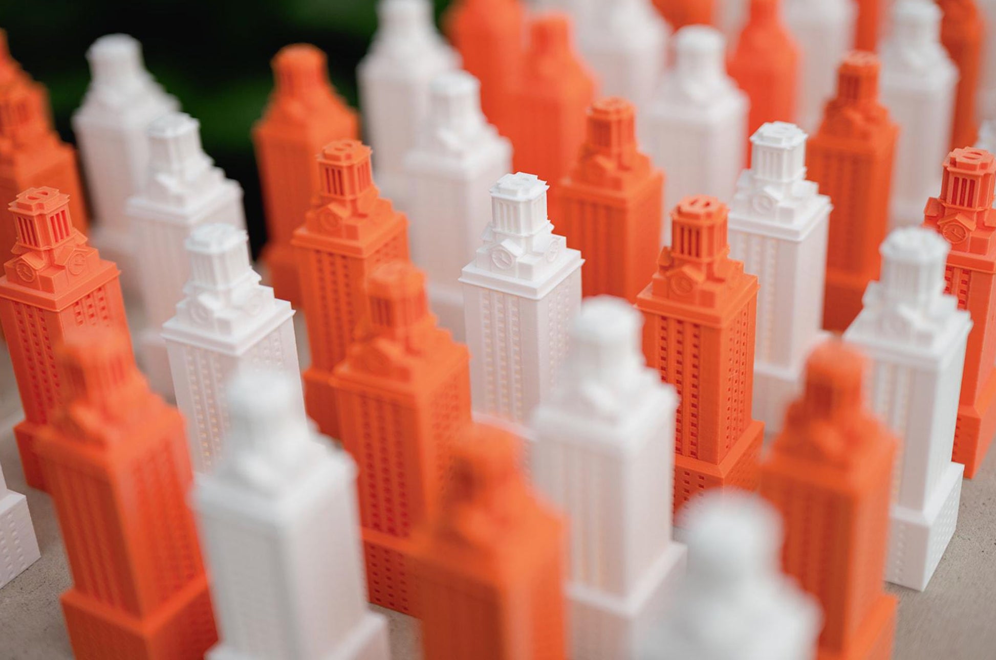 Texas Longhorns party favors, lights designed as the UT Tower, shown in white and burnt orange.