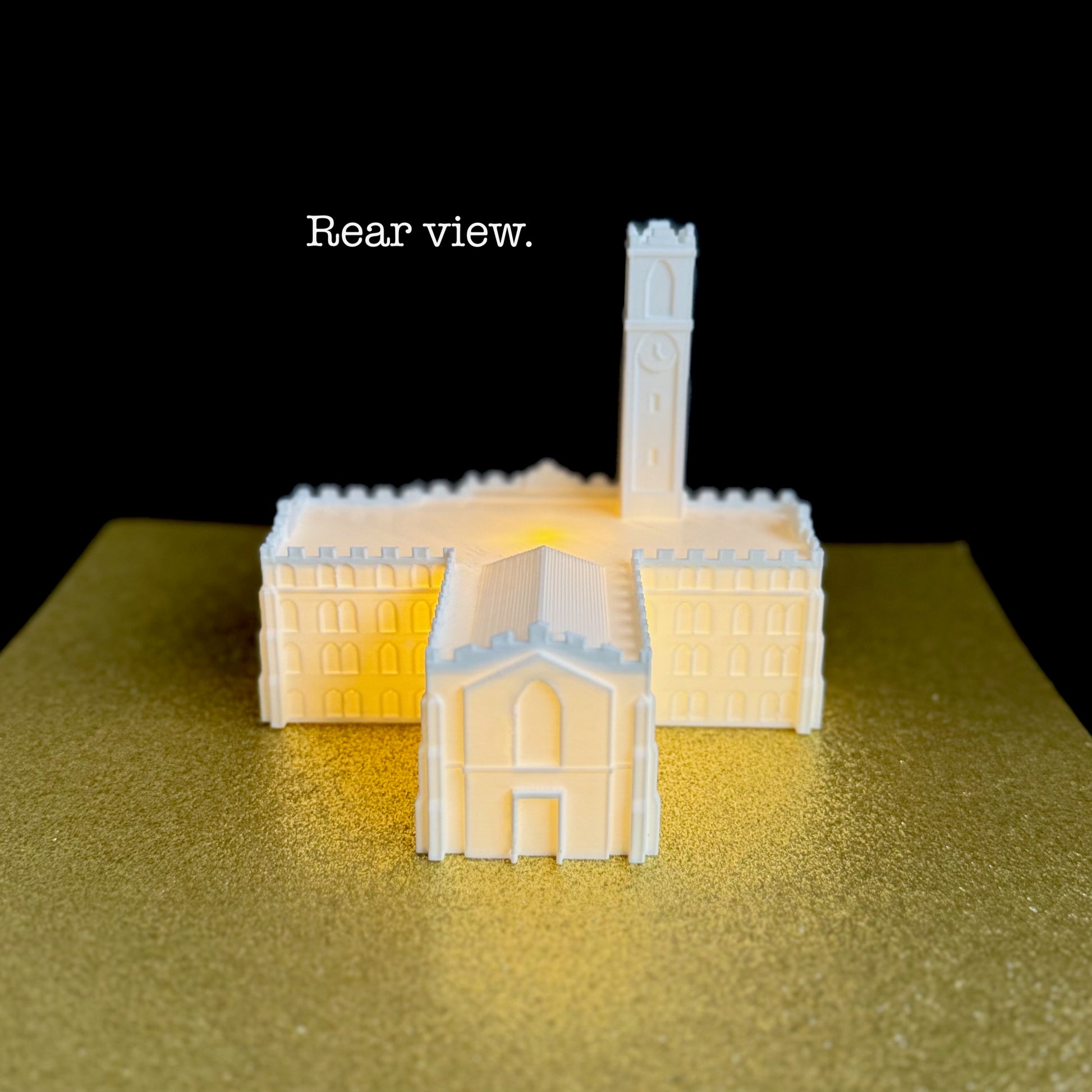 Rear view of the Vanderbilt University keepsake, a light designed in honor of Kirkland Hall.