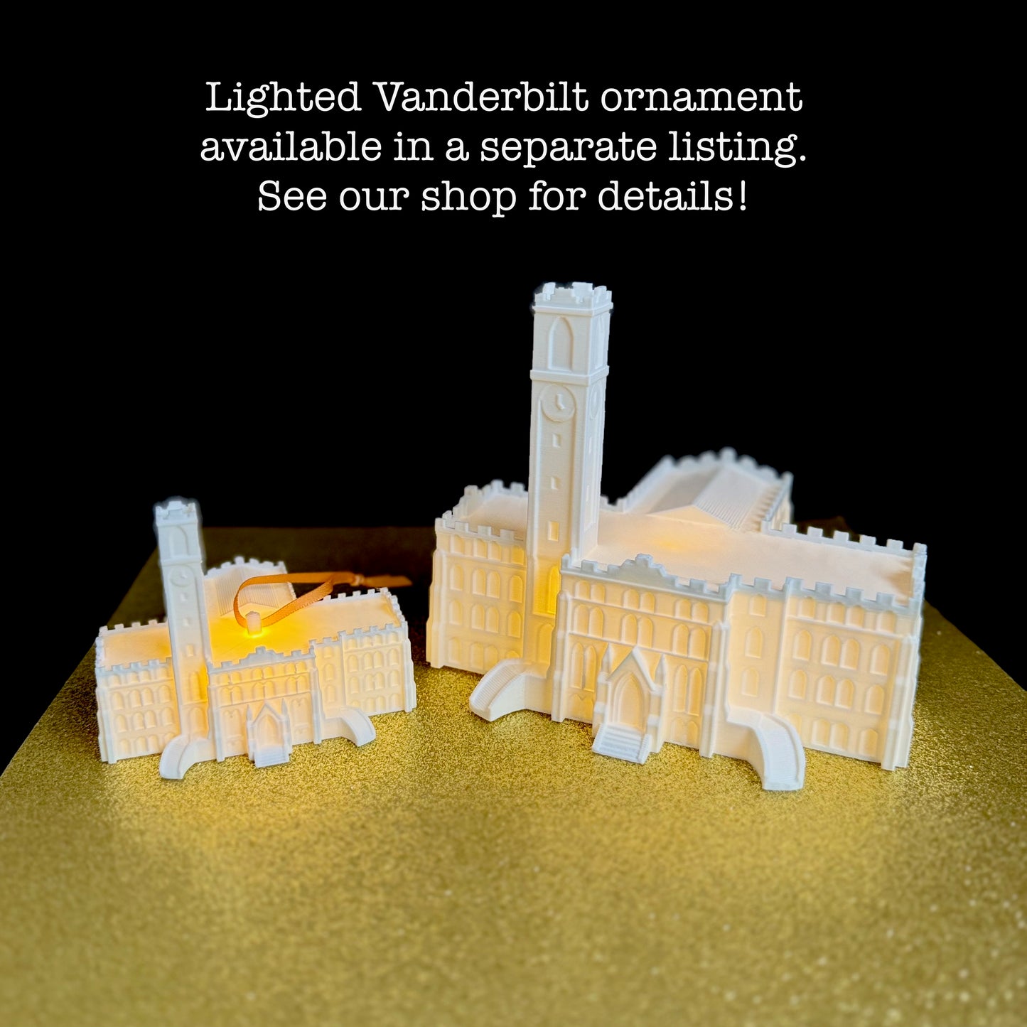 The Vanderbilt figurine, shown next to the Vanderbilt Kirkland Hall ornament with a light.