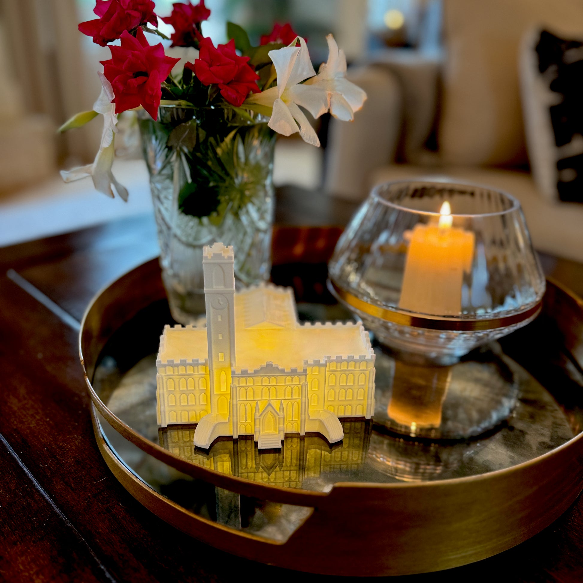 The Vanderbilt University home decoration, shown on a living room tray.