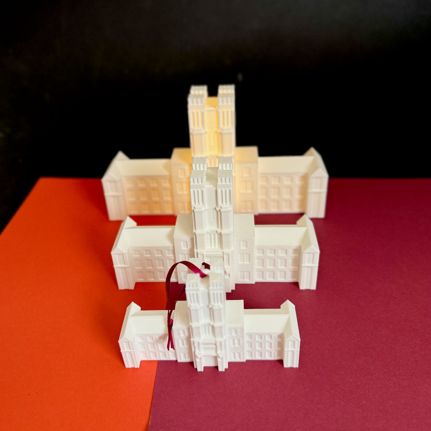 Virginia Tech gift ideas, figurines and ornaments designed as the Burruss Hall building on the Blacksburg campus.