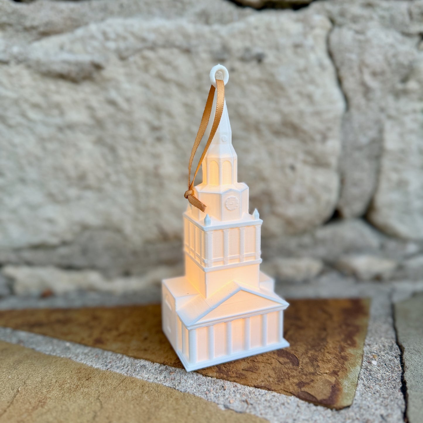 Wake Forest Christmas gift, an ornament representing Wait Chapel with an LED light.