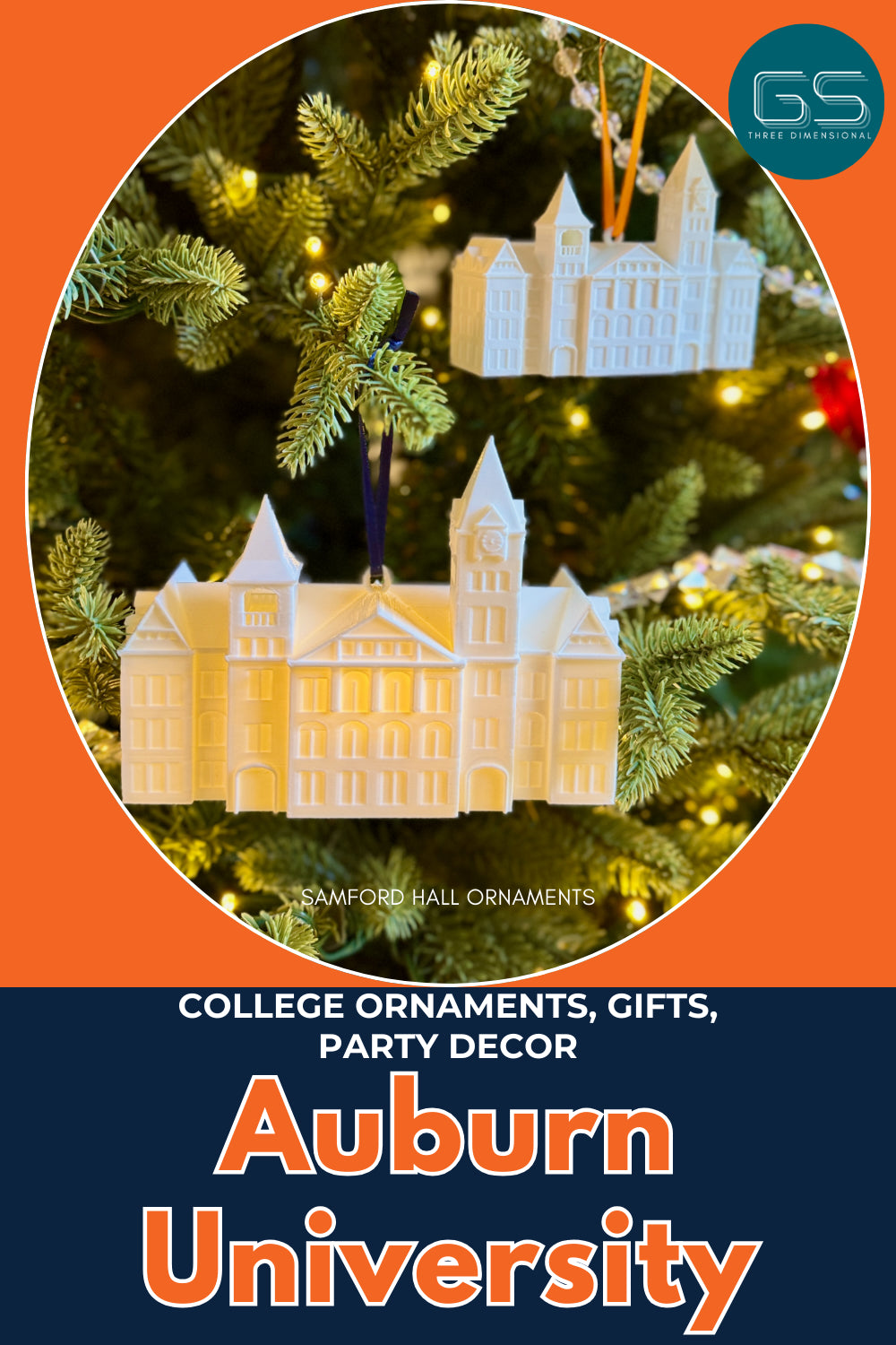 Decorative ornaments of the Samford Hall building on a Christmas tree with 'Auburn University' text and 'GS' logo.