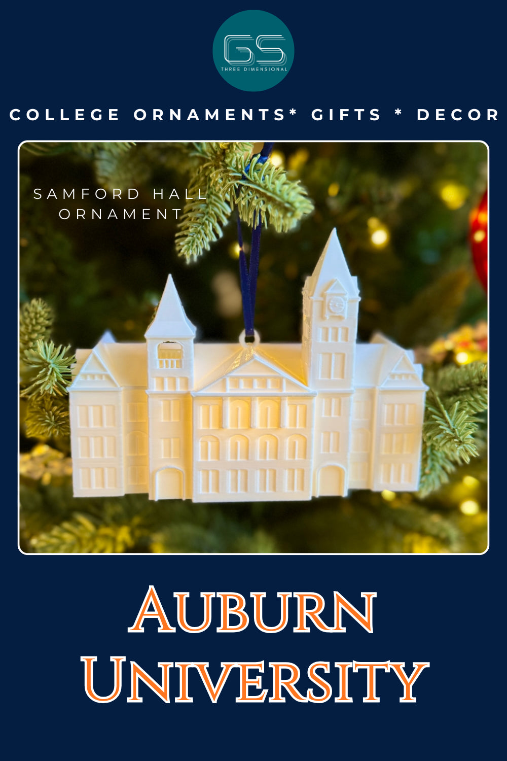 Auburn University ornament on a Christmas tree with 'GS' logo and text.