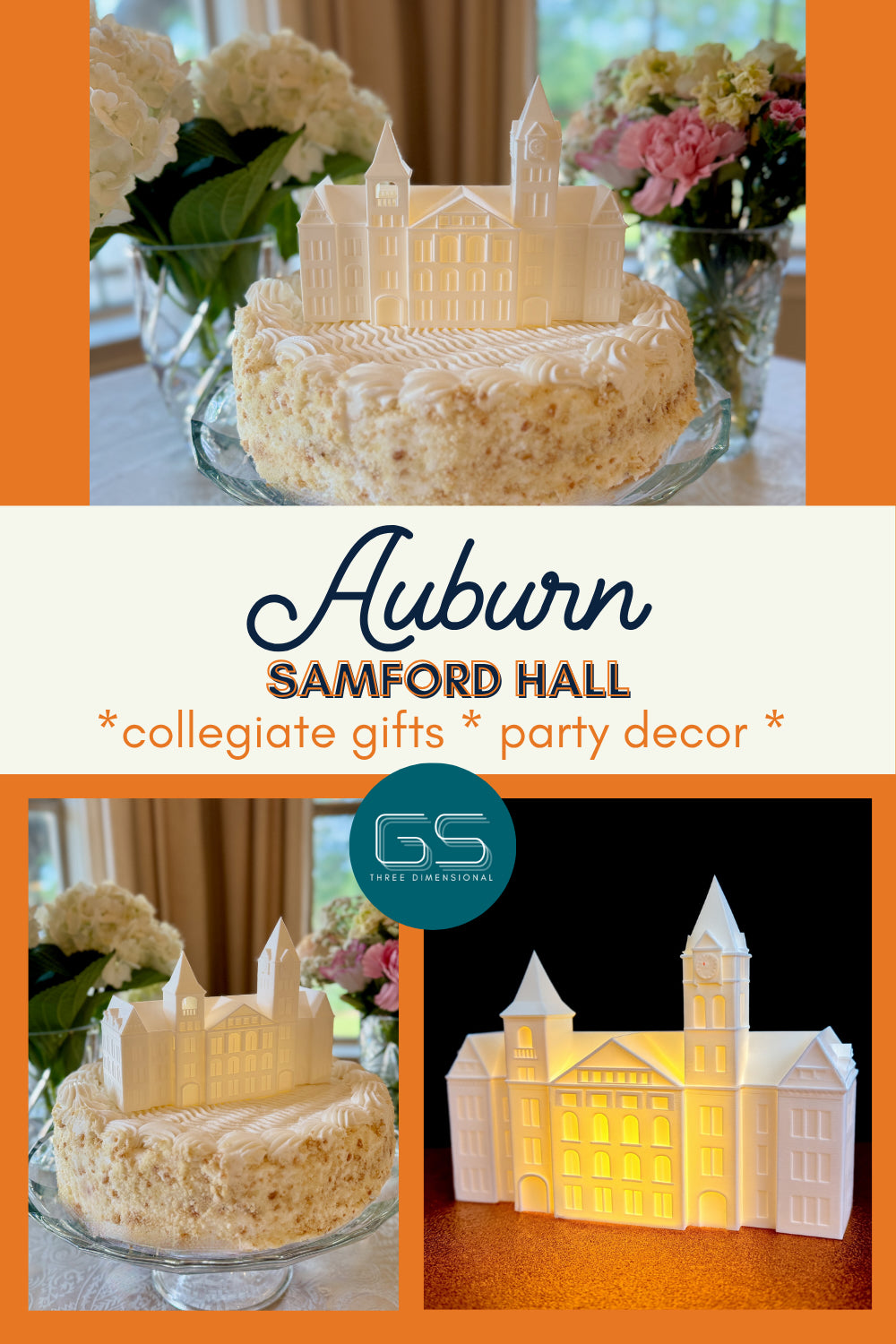 Auburn groom's cake and graduation cake, designed as the Samford Hall building on campus, and showed at a party celebration.