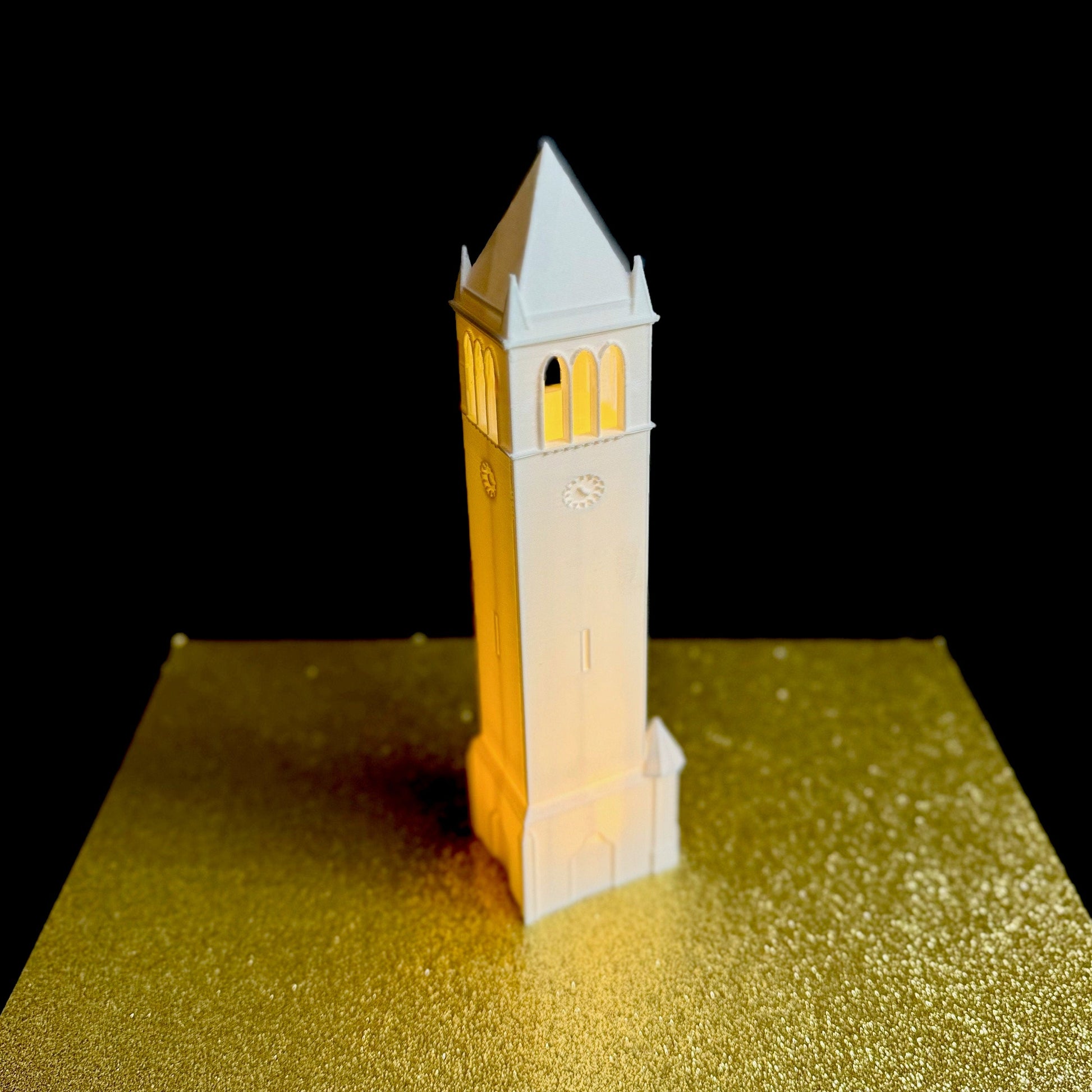 The Iowa State lighted figurine, designed as a replica of the ISU Campanile.