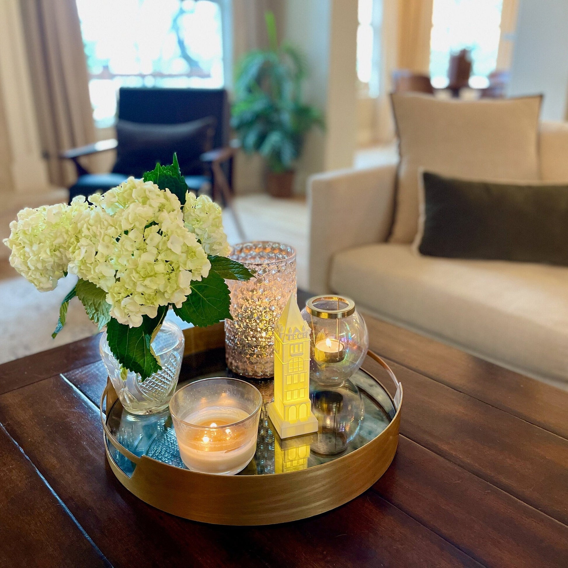 The Georgia Tech Tower light, shown on a living room tray.