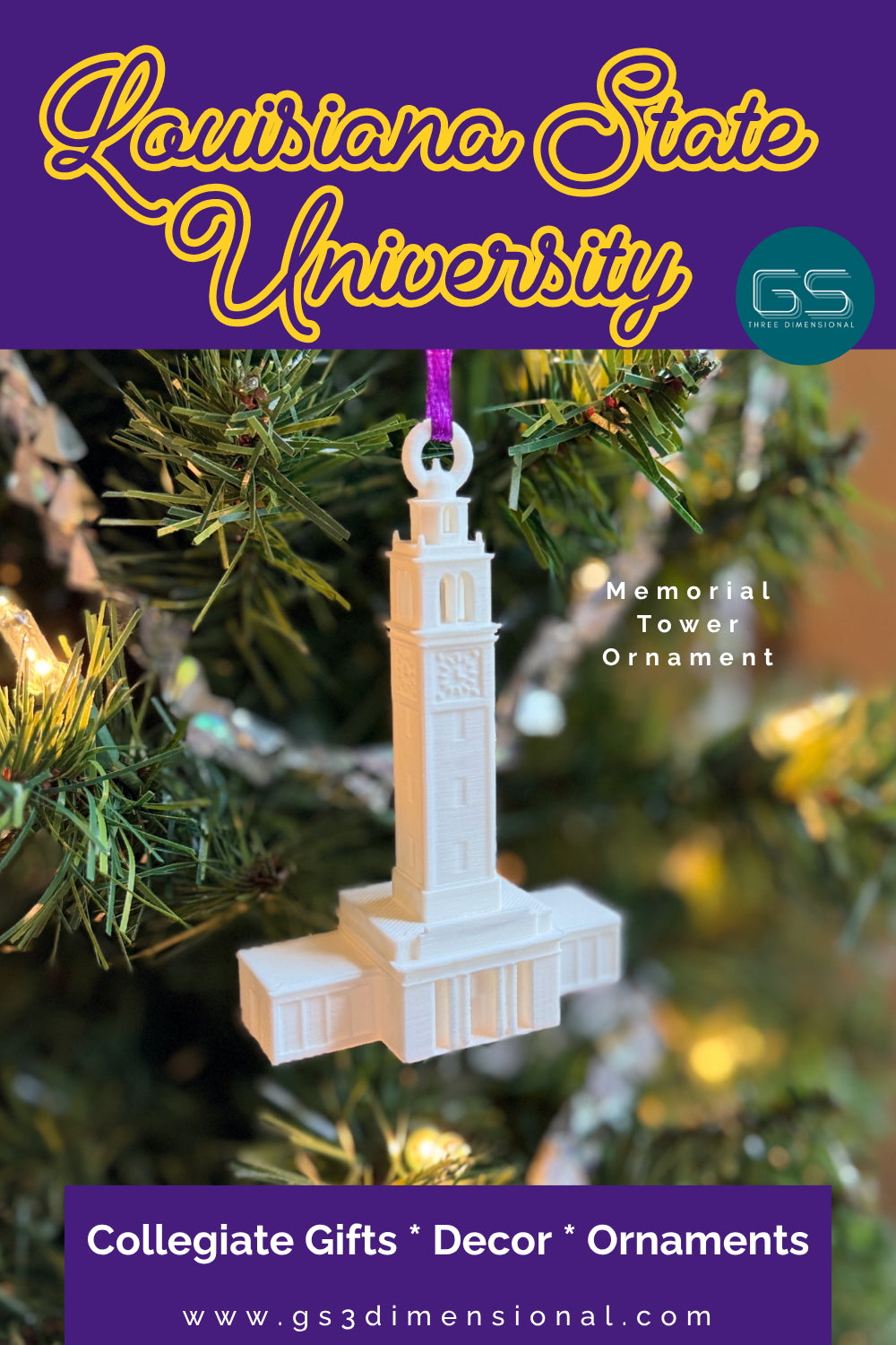 Louisiana State University Memorial Tower ornament on a Christmas tree with promotional text.