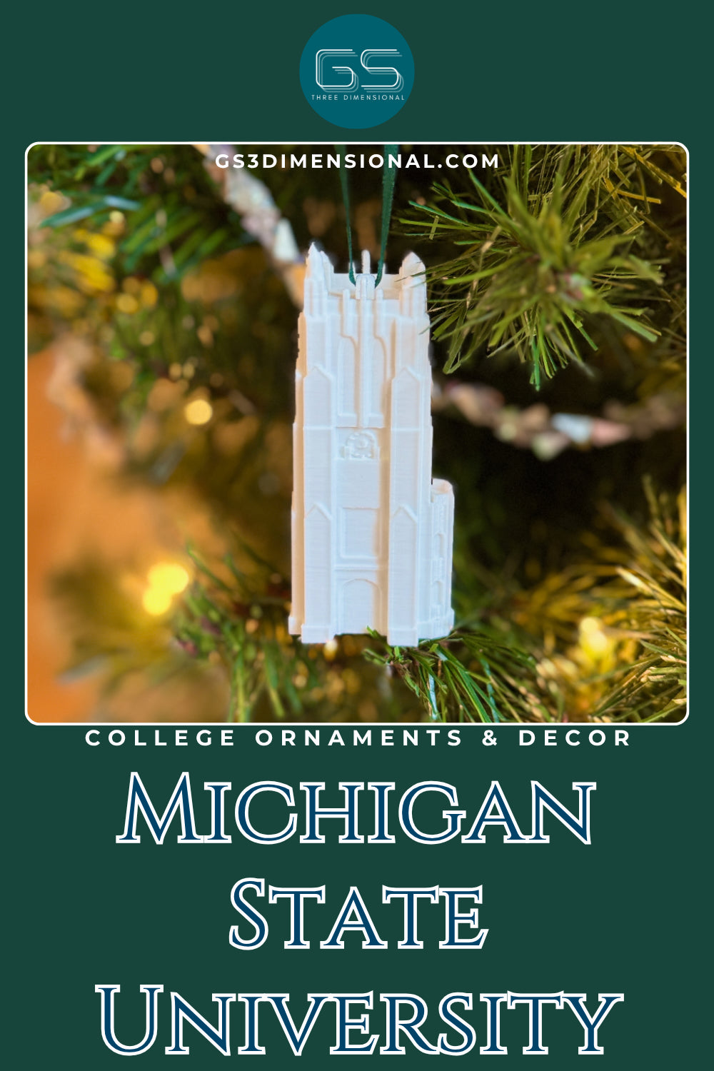 The Michigan State University ornament for Spartans fans, shown on a tree.