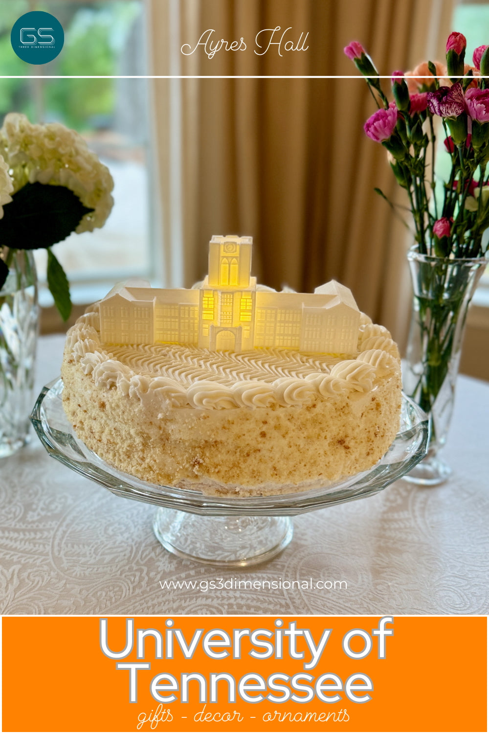 University of Tennessee cake topper light designed as the Ayres Hall building and shown on a cake that could be for a graduation party or a groom's cake.