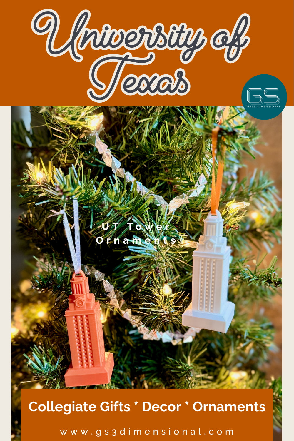 University of Texas-themed Christmas ornaments on a tree with 'GS' branding.